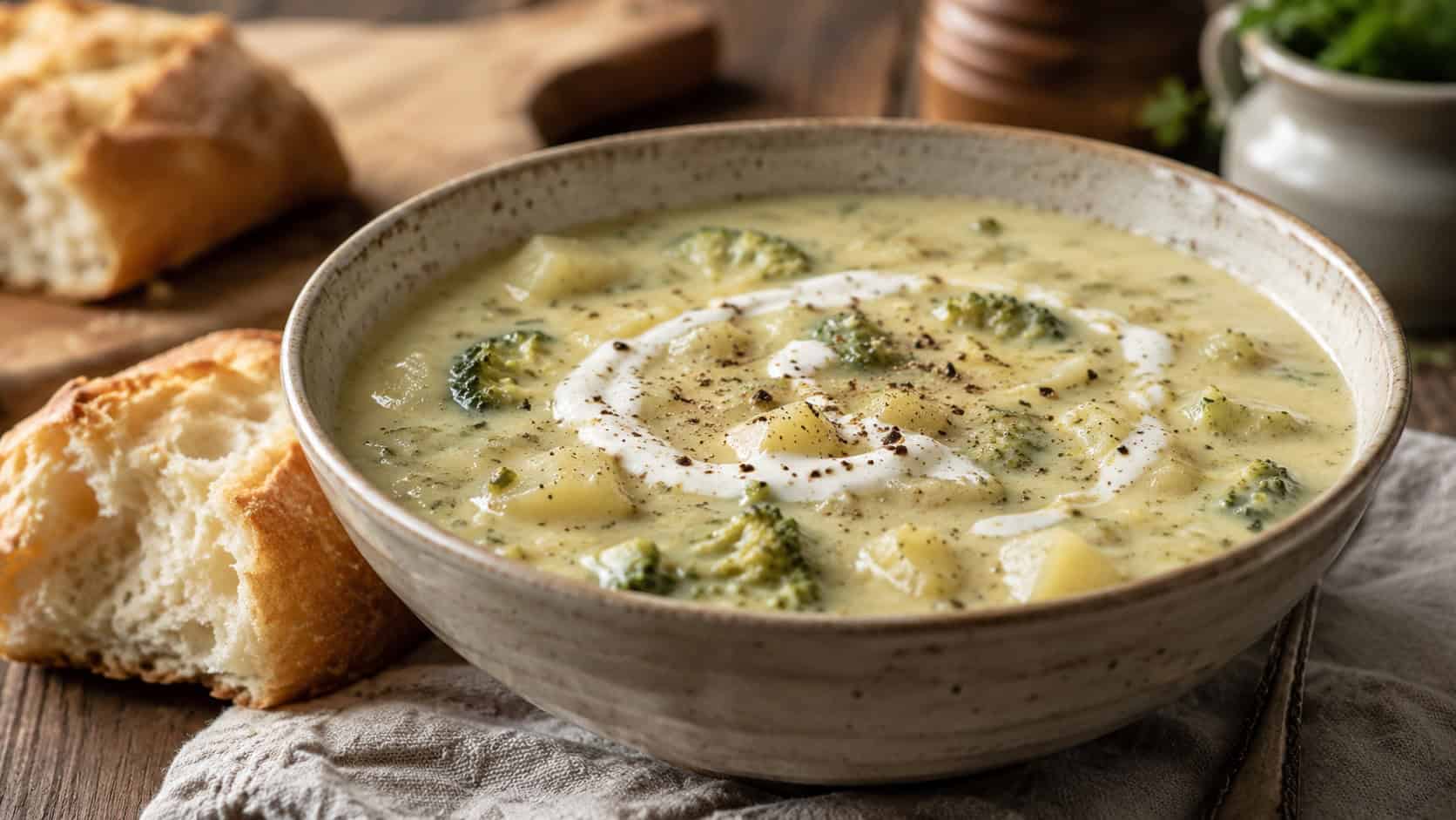 a thick hearty broccoli potato soup in a large rustic bowl with a swirl of cream and black pepper, in a wide horizontal shot, a hunk of bread alongside, on a cozy farmhouse table, natural light, shallow depth of field, landscape orientation