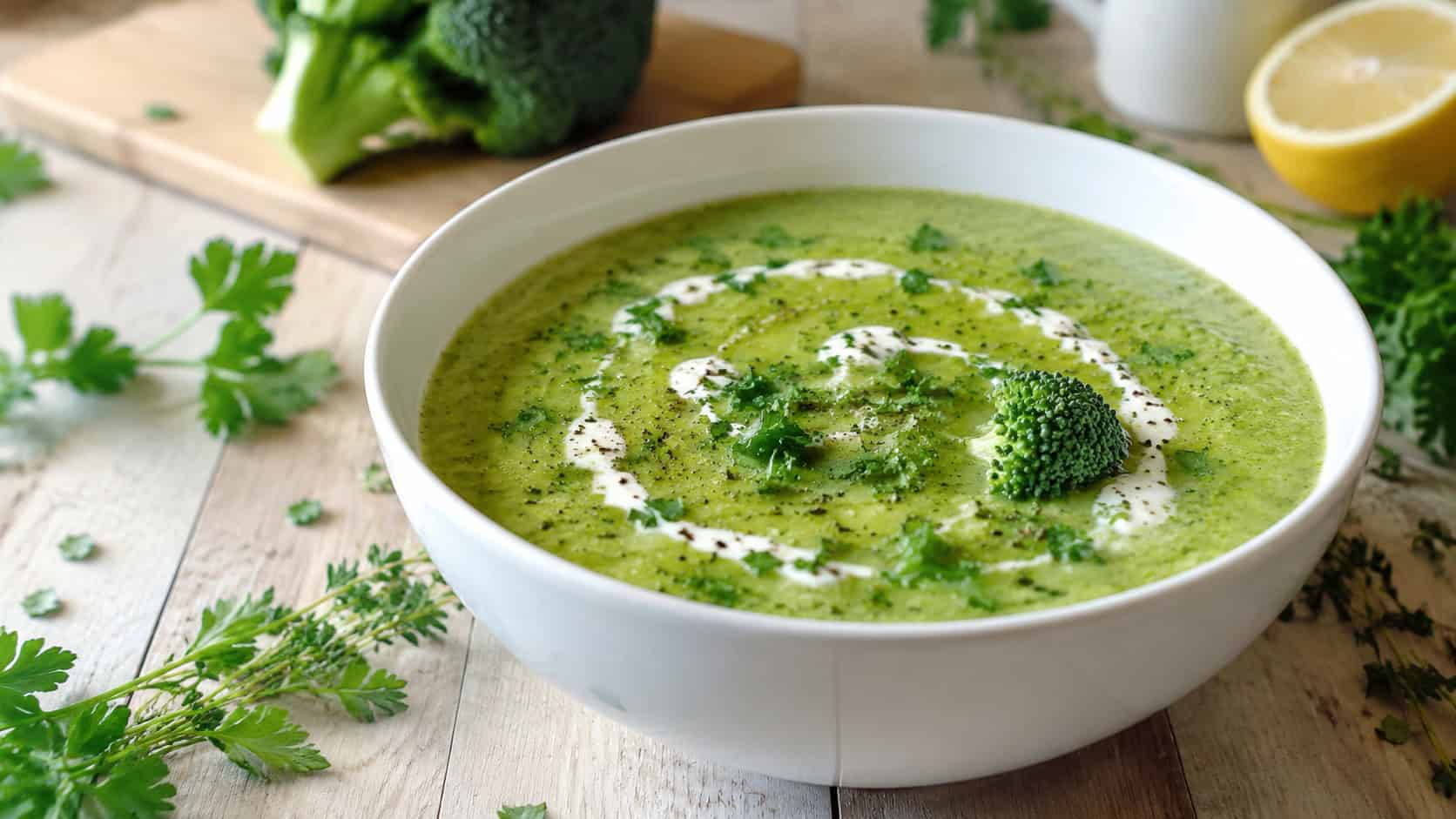 a vivid green herb broccoli soup in a white bowl topped with chopped fresh herbs and a cream swirl, in a wide horizontal shot, fresh herb sprigs scattered around, on a light wood table, natural light, shallow depth of field, landscape orientation