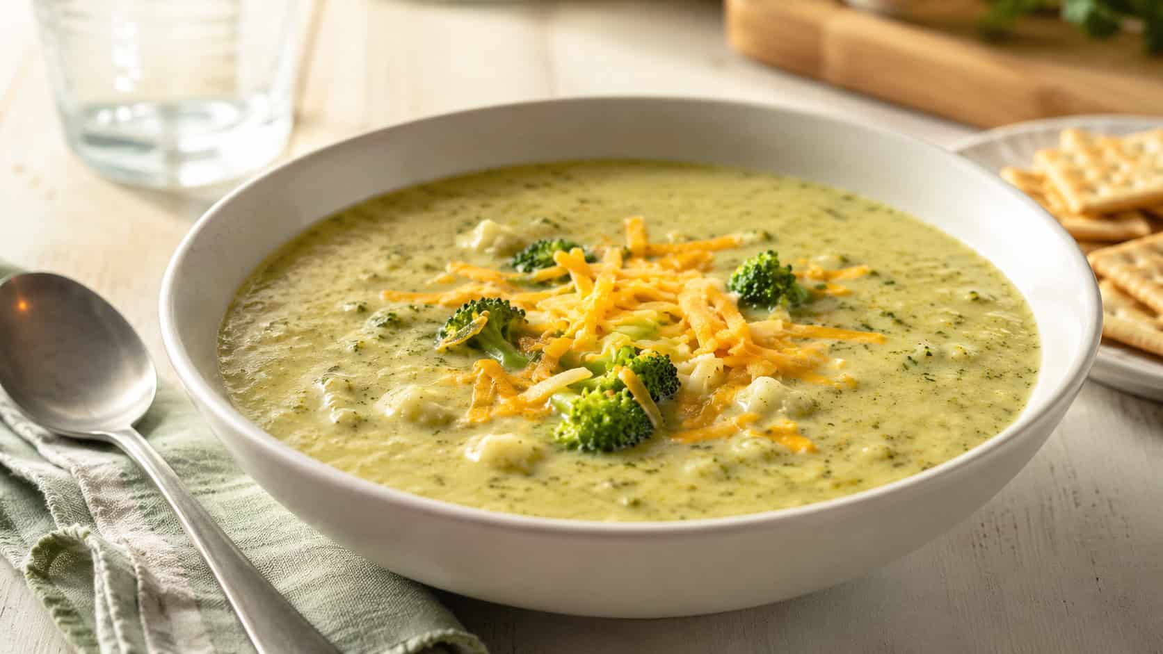 a creamy green broccoli cauliflower soup in a wide bowl with a sprinkle of shredded cheddar and small florets on top, in a wide horizontal shot, a spoon and crackers beside it on a bright table, natural light, shallow depth of field, landscape orientation