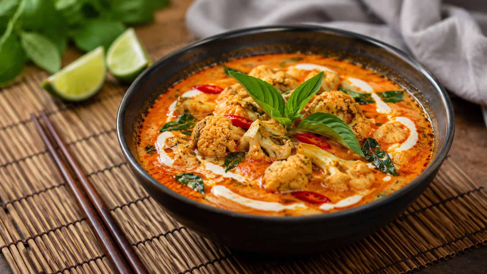 a fragrant red Thai curry cauliflower soup in a dark bowl with coconut swirl, basil, and chili slices, in a wide horizontal shot, lime wedges and chopsticks on a bamboo mat, warm natural light, shallow depth of field, landscape orientation