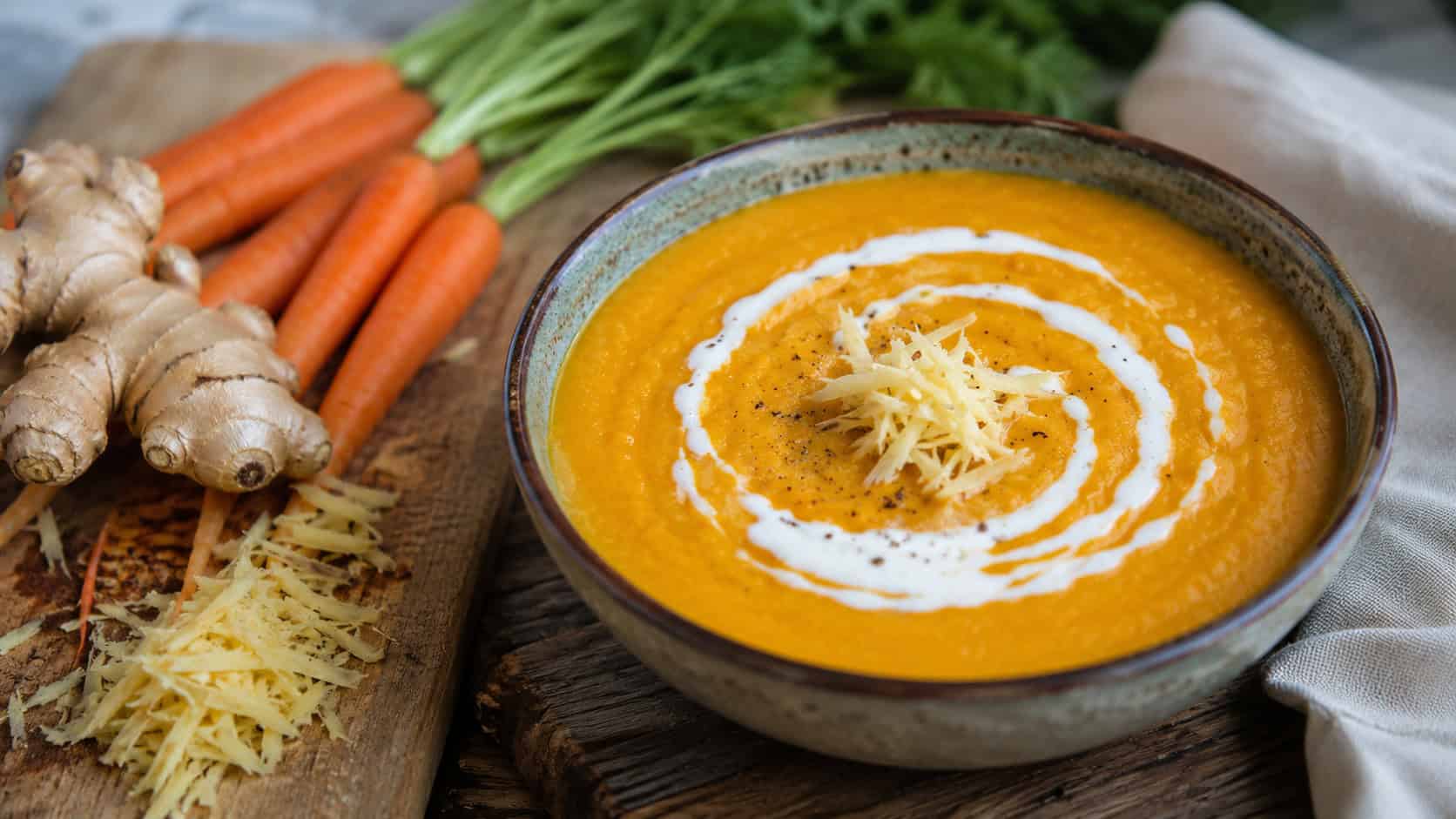 a vivid orange cauliflower carrot ginger soup in a rustic bowl with a coconut swirl and grated ginger garnish, in a wide horizontal shot, carrots and fresh ginger on a wooden cutting board, warm natural light, shallow depth of field, landscape orientation