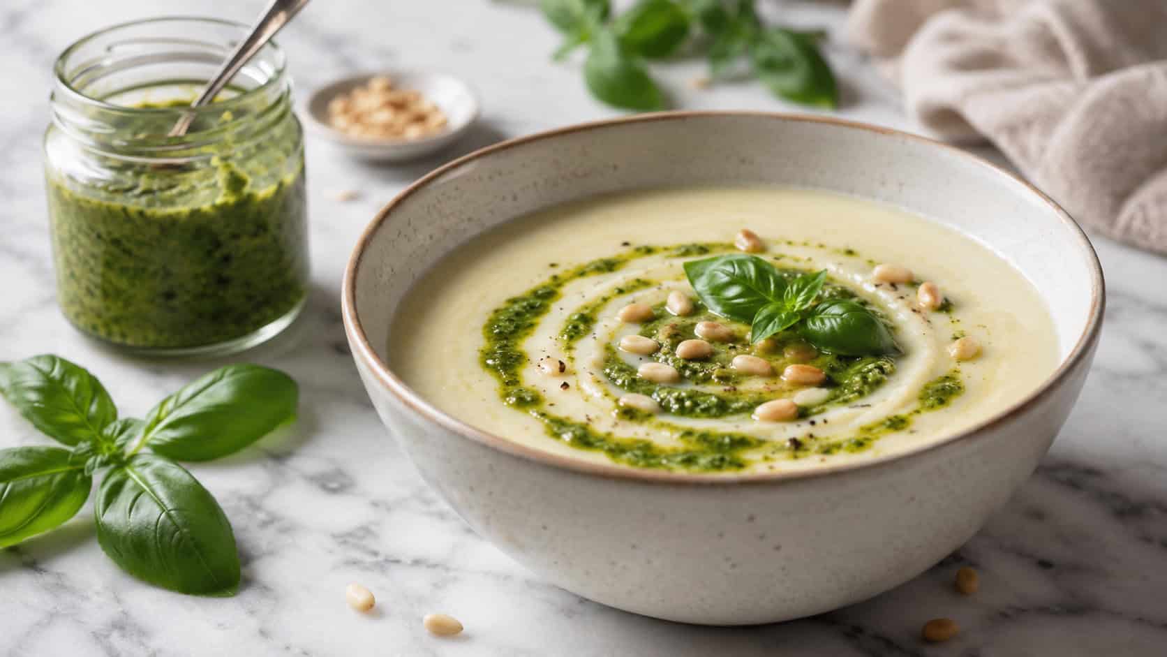 a creamy pale cauliflower soup with a vivid green basil pesto swirl and pine nuts on top, in a wide horizontal shot, a jar of pesto and basil leaves on a bright marble counter, soft natural light, shallow depth of field, landscape orientation