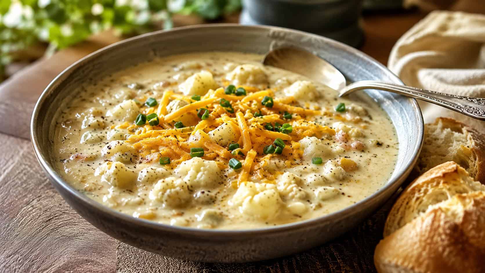a thick cheesy cauliflower and potato chowder in a deep bowl topped with melted cheddar and chives, in a wide horizontal shot, a spoon resting on the rim and bread beside it on a cozy table, warm natural light, shallow depth of field, landscape orientation