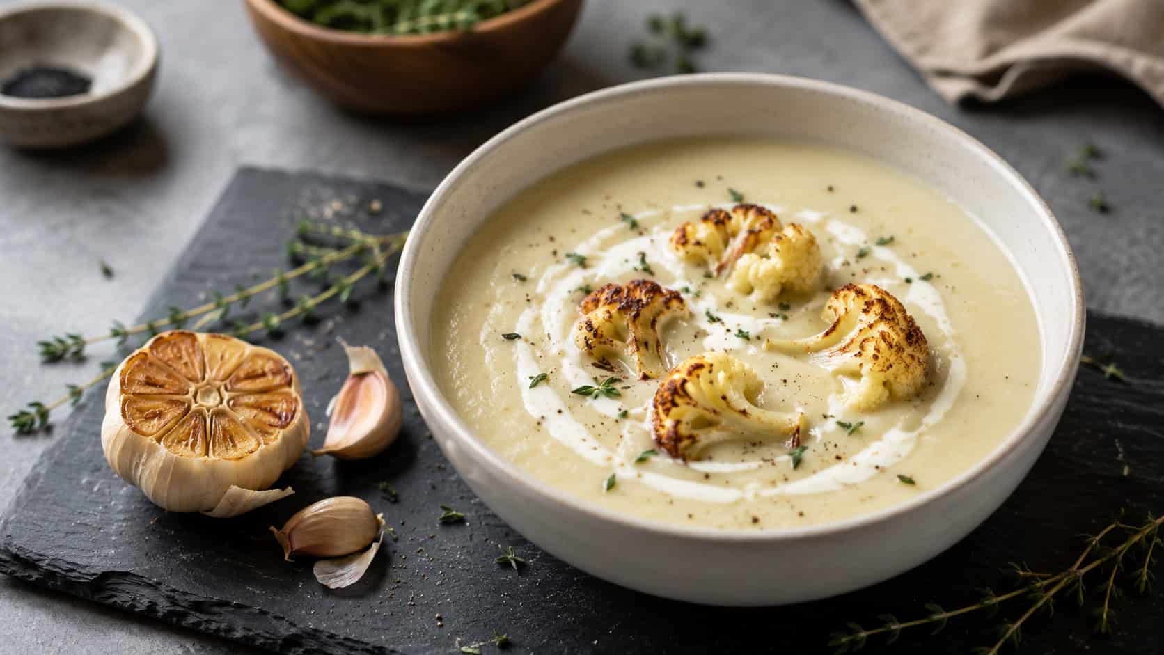a smooth roasted cauliflower garlic soup in a pale bowl with a drizzle of cream and golden roasted florets on top, in a wide horizontal shot, roasted garlic cloves and herbs scattered on a slate board, natural light, shallow depth of field, landscape orientation