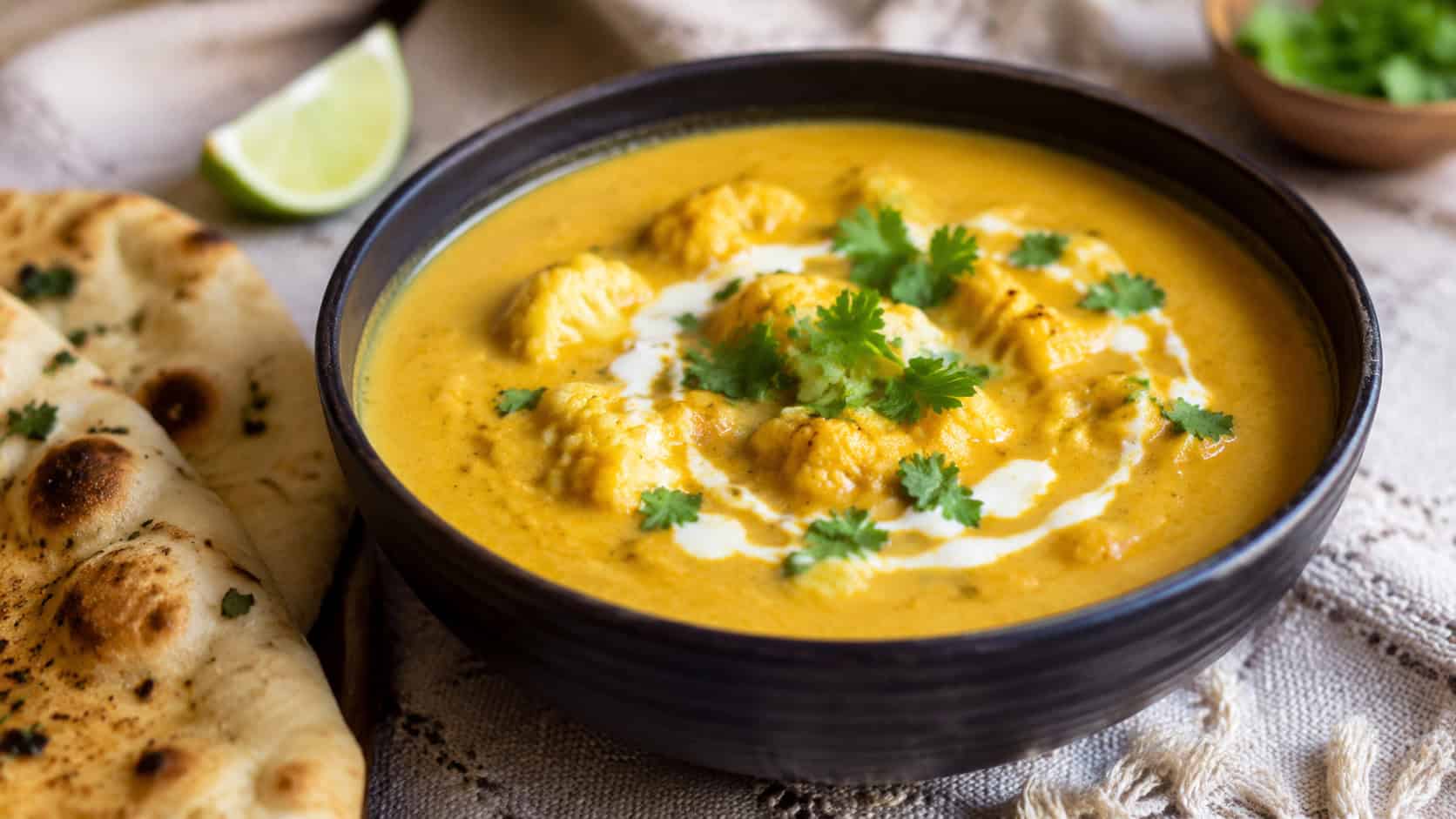 a creamy coconut curry cauliflower soup in a dark bowl with a swirl of coconut milk and cilantro on top, in a wide horizontal shot, a lime wedge and naan beside it on a textured cloth, warm natural light, shallow depth of field, landscape orientation