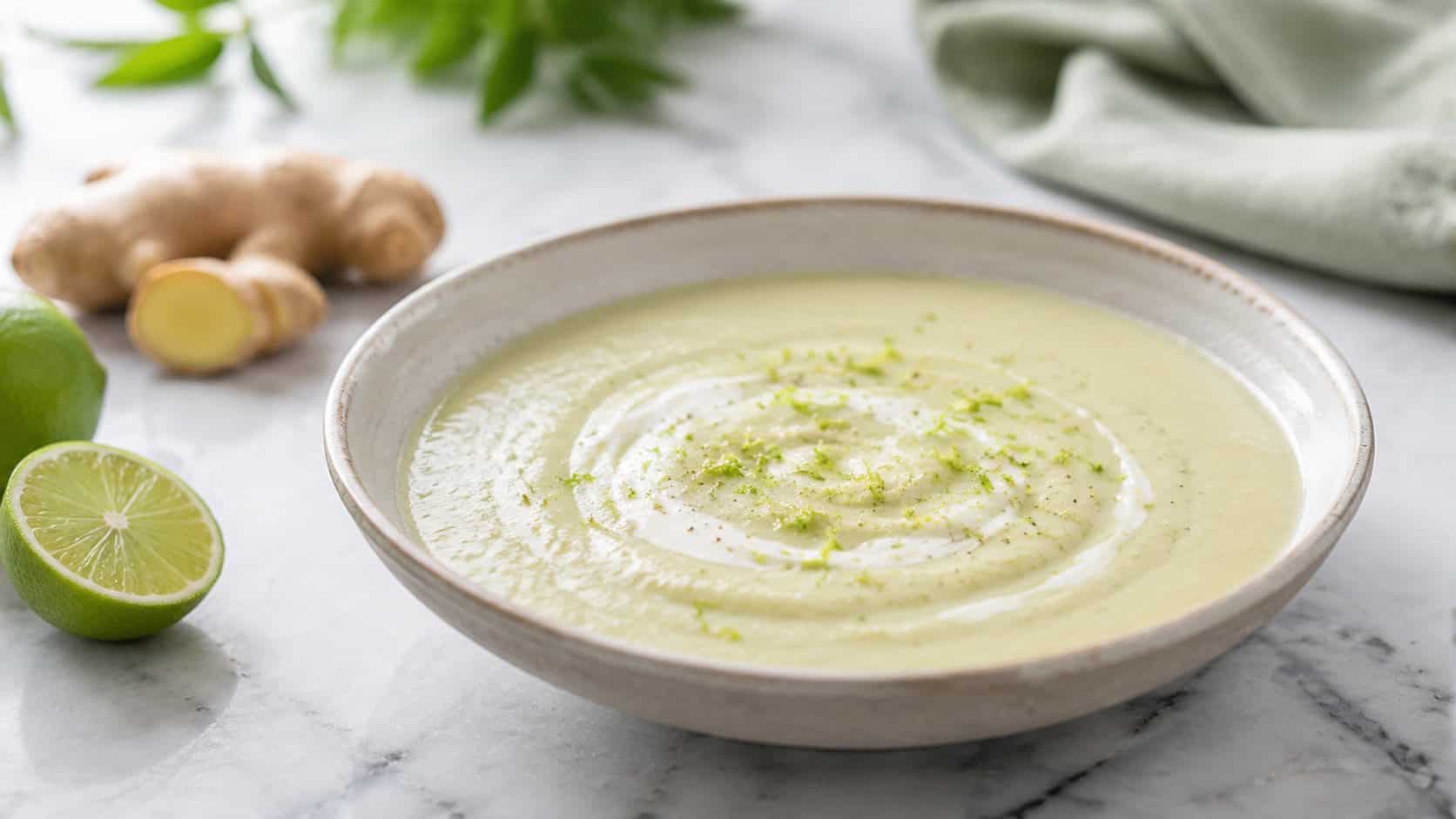 a pale green-tinged cauliflower bisque in a wide shallow bowl with lime zest and a swirl of cream, in a wide horizontal shot, fresh ginger and lime halves on a bright marble counter, airy natural light, shallow depth of field, landscape orientation