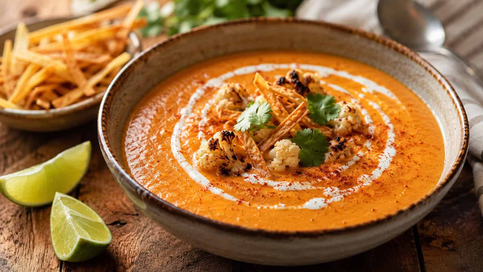 a smoky orange chipotle cauliflower soup in a rustic bowl with a swirl of sour cream and paprika dusting, in a wide horizontal shot, lime wedges and tortilla strips on a wooden table, warm natural light, shallow depth of field, landscape orientation