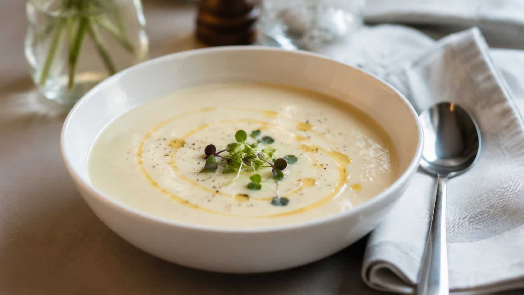 an elegant smooth cauliflower leek soup in a white bowl with a delicate drizzle of truffle oil and microgreens, in a wide horizontal shot, a soup spoon and folded napkin on a refined table, soft natural light, shallow depth of field, landscape orientation
