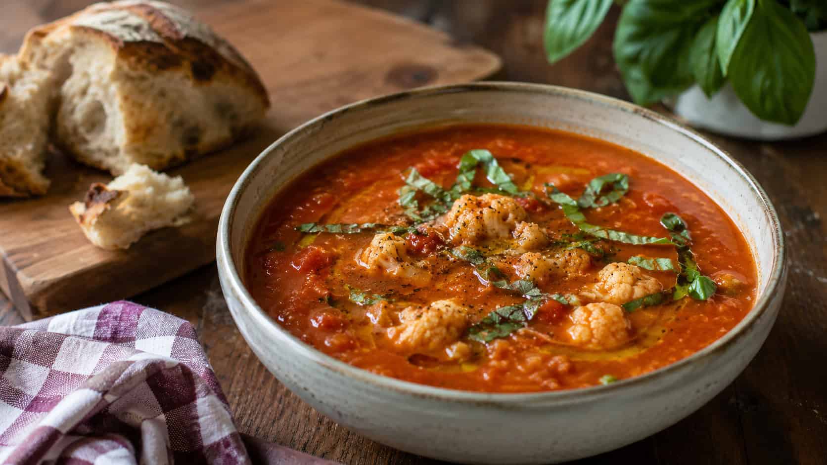 a rustic red tomato and cauliflower soup in a ceramic bowl topped with torn basil and a drizzle of olive oil, in a wide horizontal shot, crusty bread and a checkered cloth on a wooden table, warm natural light, shallow depth of field, landscape orientation