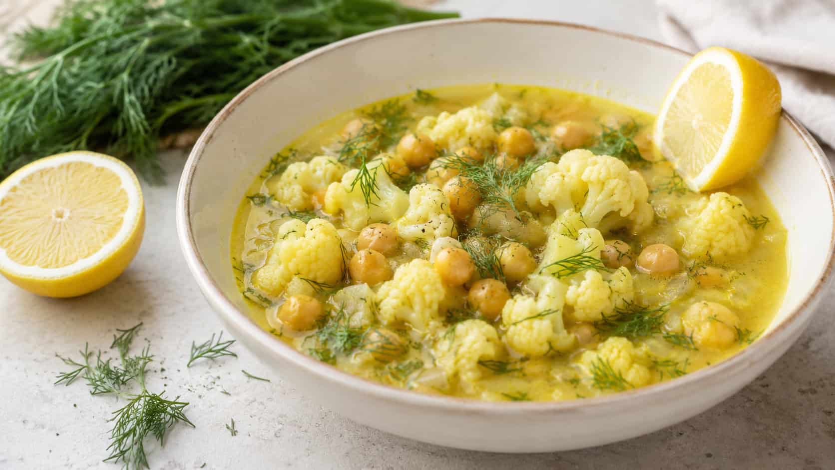 a bright cauliflower and chickpea soup in a pale bowl flecked with green dill and a lemon wedge on the rim, in a wide horizontal shot, fresh dill sprigs and lemon halves on a light counter, fresh natural light, shallow depth of field, landscape orientation