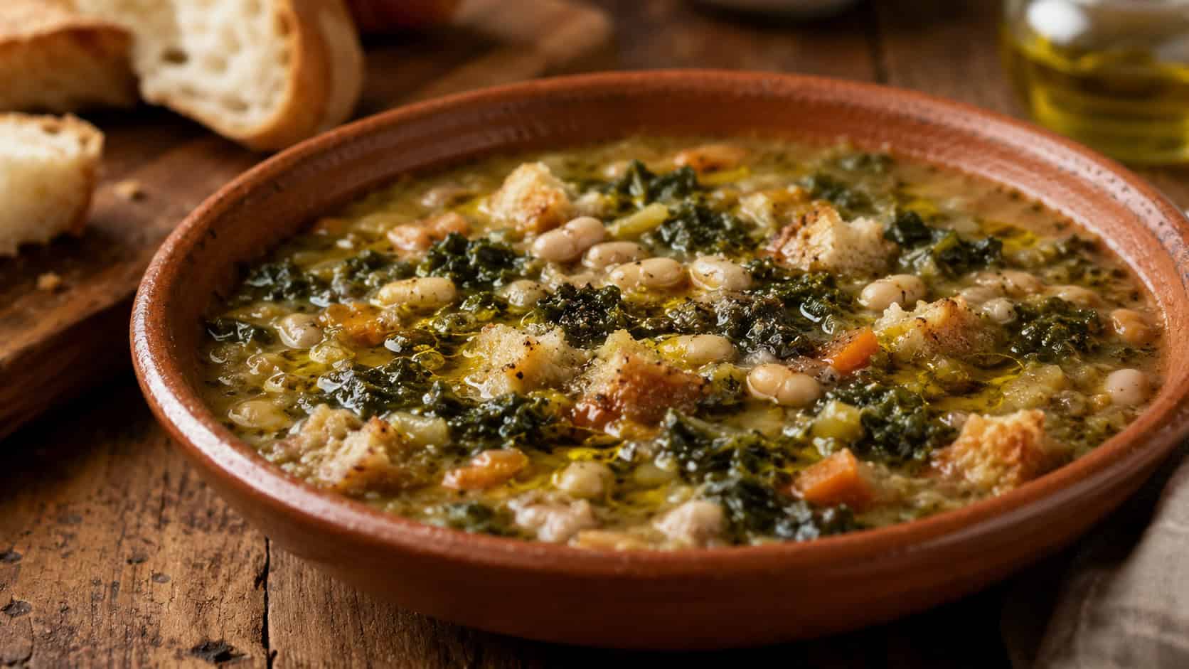 a bowl of rustic ribollita soup in a wide horizontal shot, thick with beans, kale, and bread, drizzled with olive oil in an earthenware bowl on a wooden table, warm natural light, shallow depth of field, landscape orientation