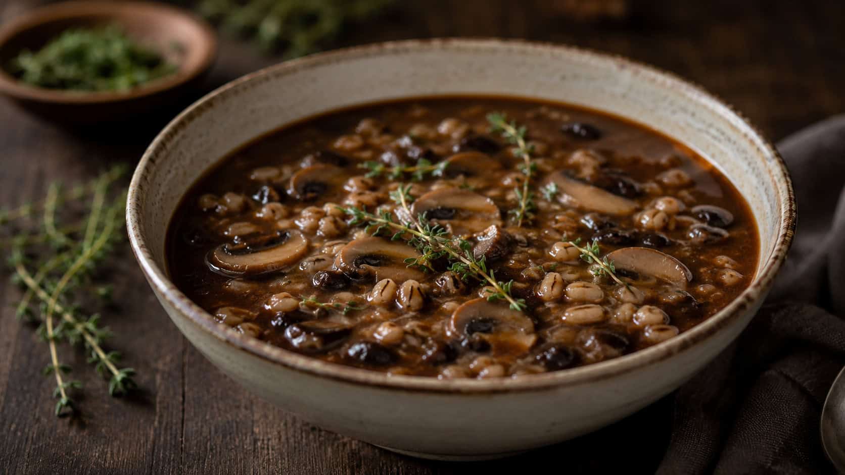 a bowl of mushroom barley soup in a wide horizontal shot, deep brown broth with sliced mushrooms and barley, garnished with thyme on a dark wooden table, moody natural light, shallow depth of field, landscape orientation