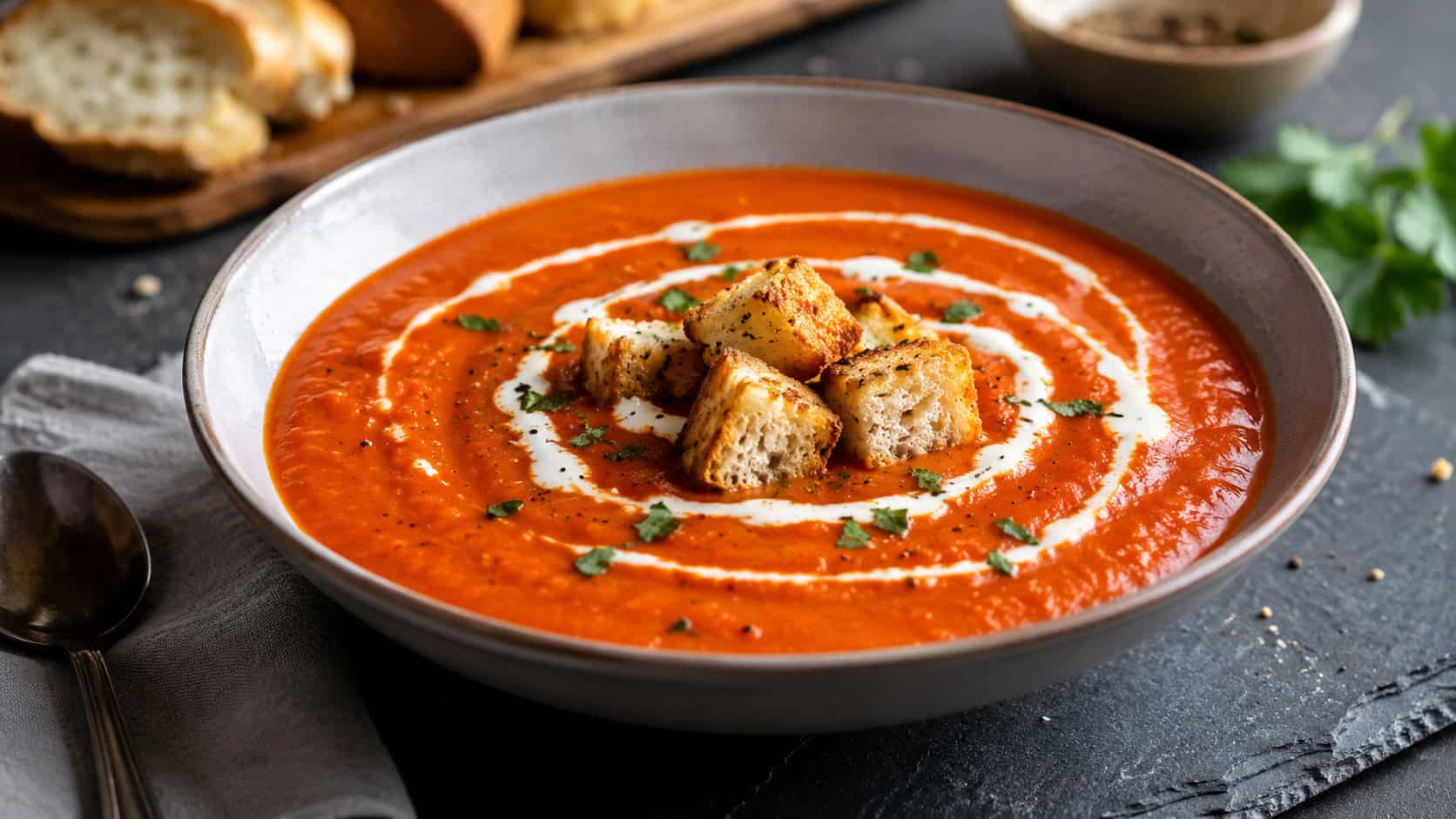 a bowl of smooth roasted red pepper soup in a wide horizontal shot, deep red with a cream swirl and a few croutons, on a slate surface, warm natural light, shallow depth of field, landscape orientation