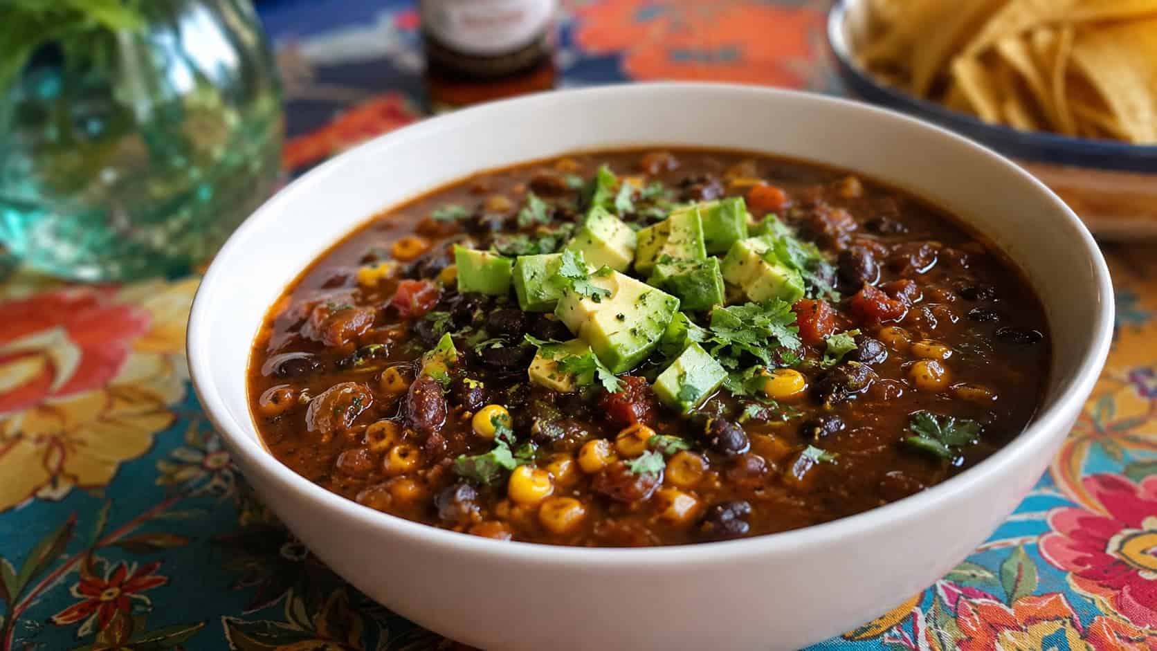 a bowl of spicy black bean and corn soup in a wide horizontal shot, dark and chunky with bright corn, topped with avocado and cilantro, on a colorful table, warm natural light, shallow depth of field, landscape orientation