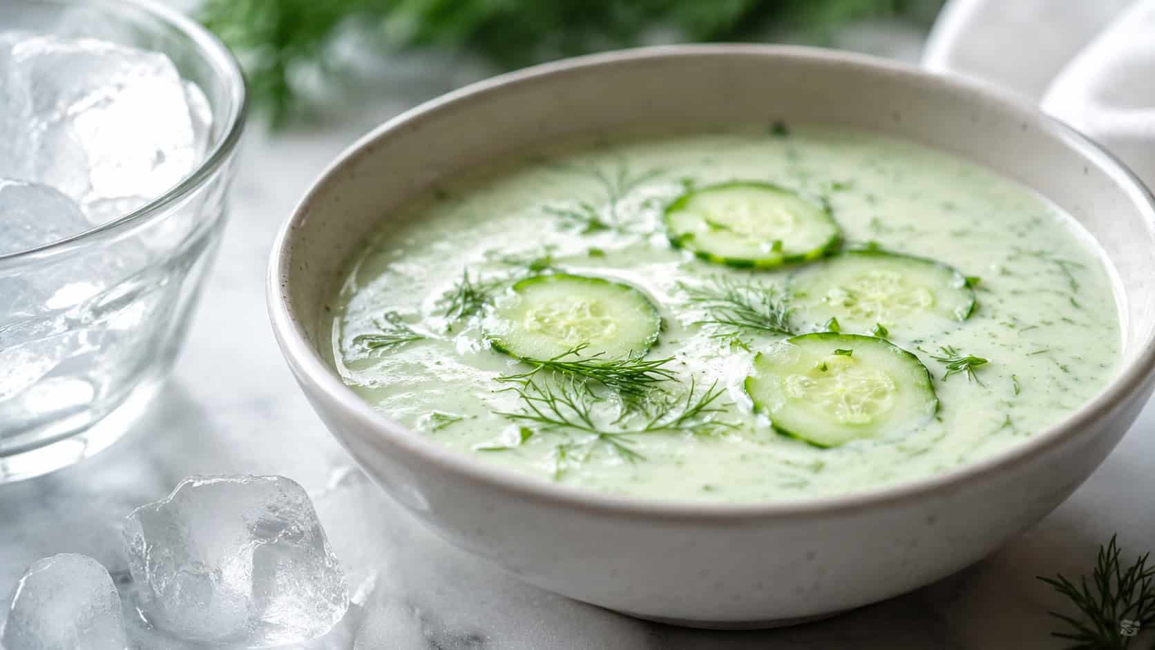 a bowl of chilled cucumber dill soup in a wide horizontal shot, pale green and creamy with fresh dill and cucumber slices, on a bright table with ice nearby, cool natural light, shallow depth of field, landscape orientation