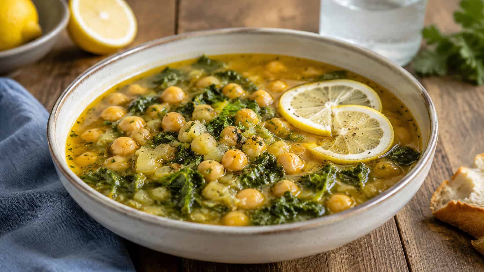 a bowl of lemony chickpea stew in a wide horizontal shot, golden broth with chickpeas and greens, garnished with lemon slices, on a rustic wooden table, bright natural light, shallow depth of field, landscape orientation