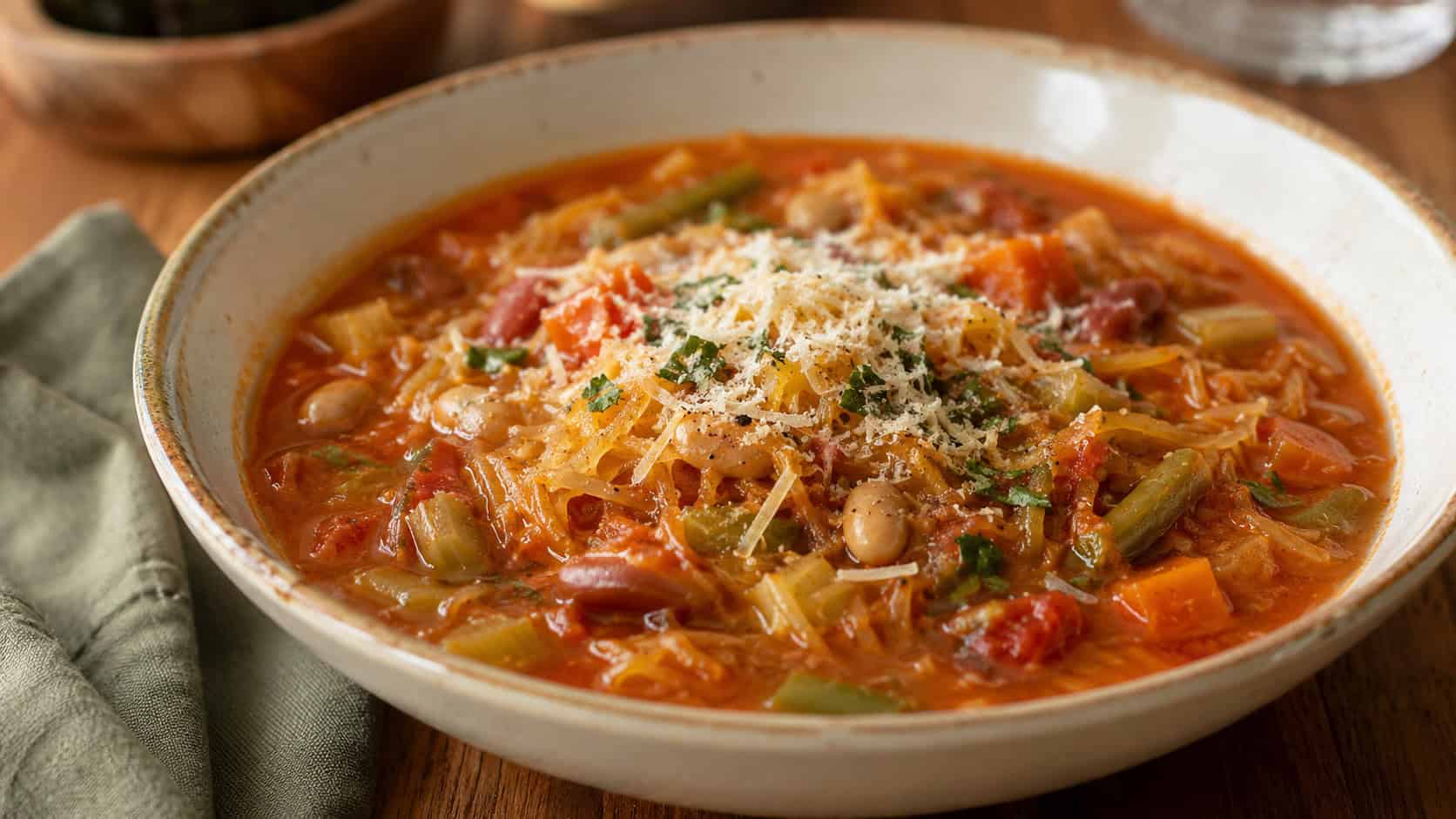 a bowl of spaghetti squash minestrone in a wide horizontal shot, tomato broth full of beans, vegetables, and squash strands, topped with parmesan on a wooden table, warm natural light, shallow depth of field, landscape orientation