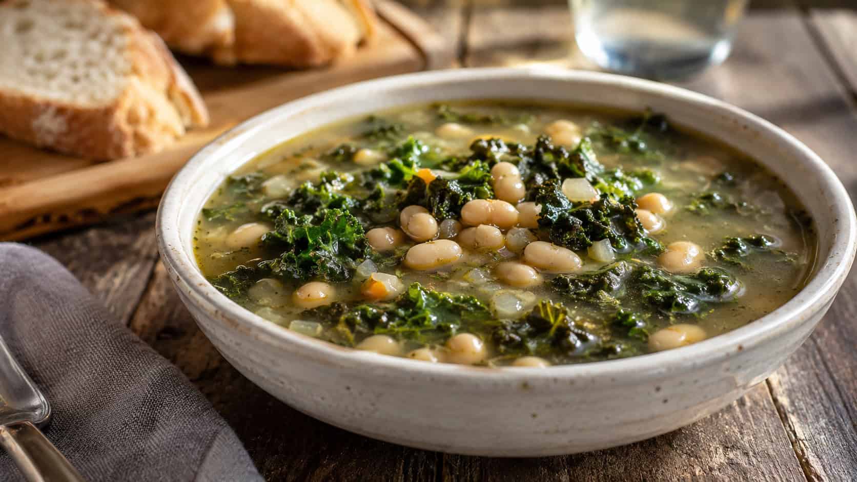 a bowl of kale and white bean soup in a wide horizontal shot, brothy with creamy beans and dark green kale, on a rustic wooden table with crusty bread, warm natural light, shallow depth of field, landscape orientation