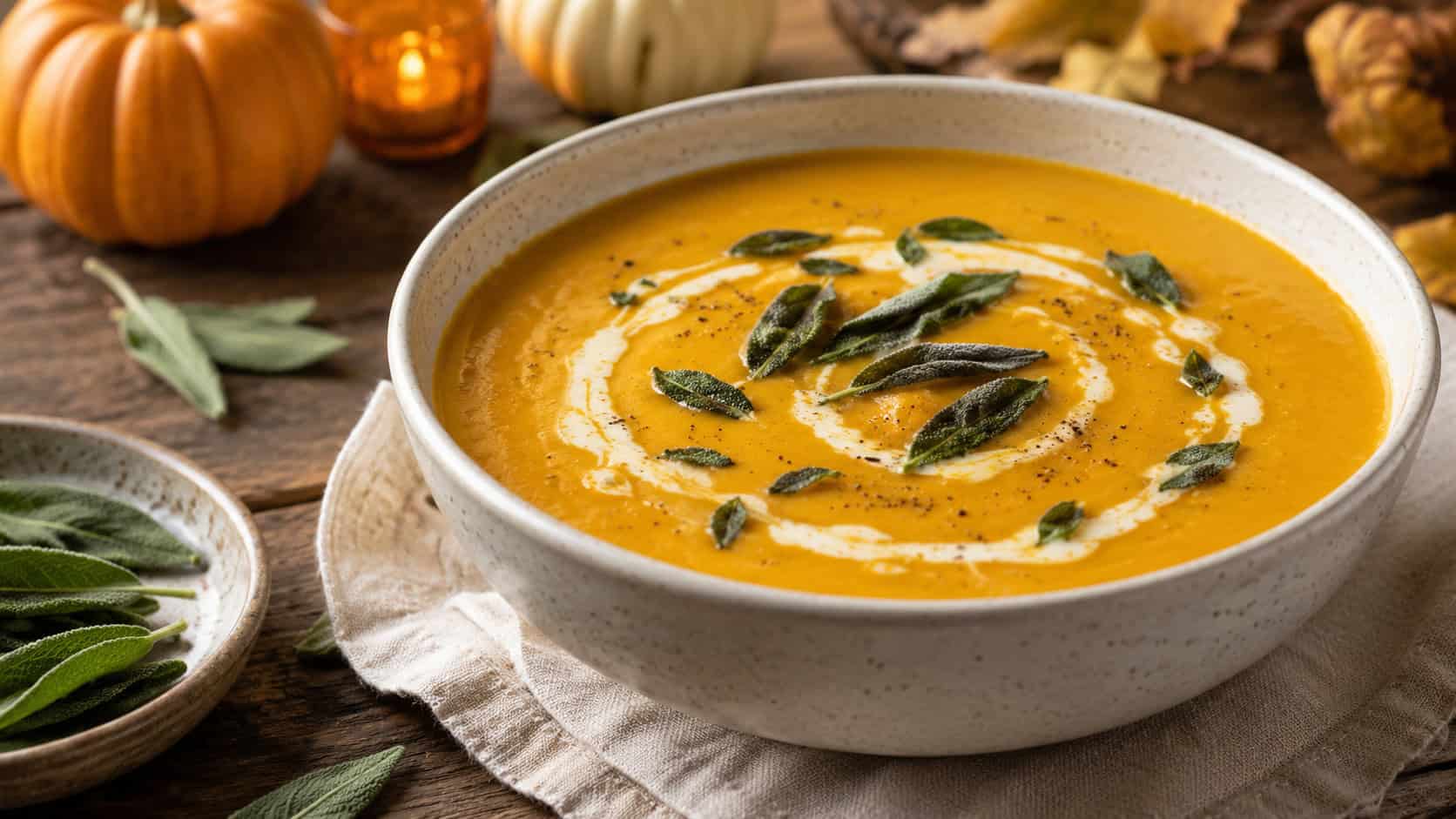 a bowl of creamy pumpkin sage soup in a wide horizontal shot, deep orange with a cream swirl and crispy sage leaves, on a rustic autumn table, warm natural light, shallow depth of field, landscape orientation