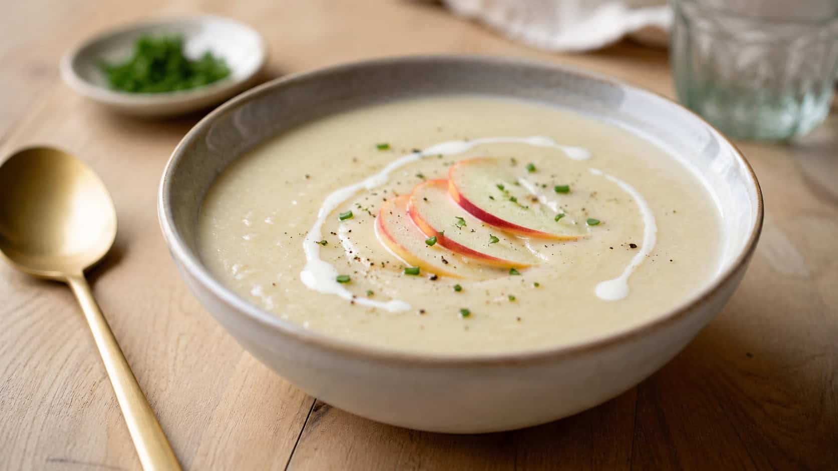 a bowl of creamy celery root and apple soup in a wide horizontal shot, pale and smooth with a drizzle of cream and a few apple slices, on a light wooden table, soft natural light, shallow depth of field, landscape orientation