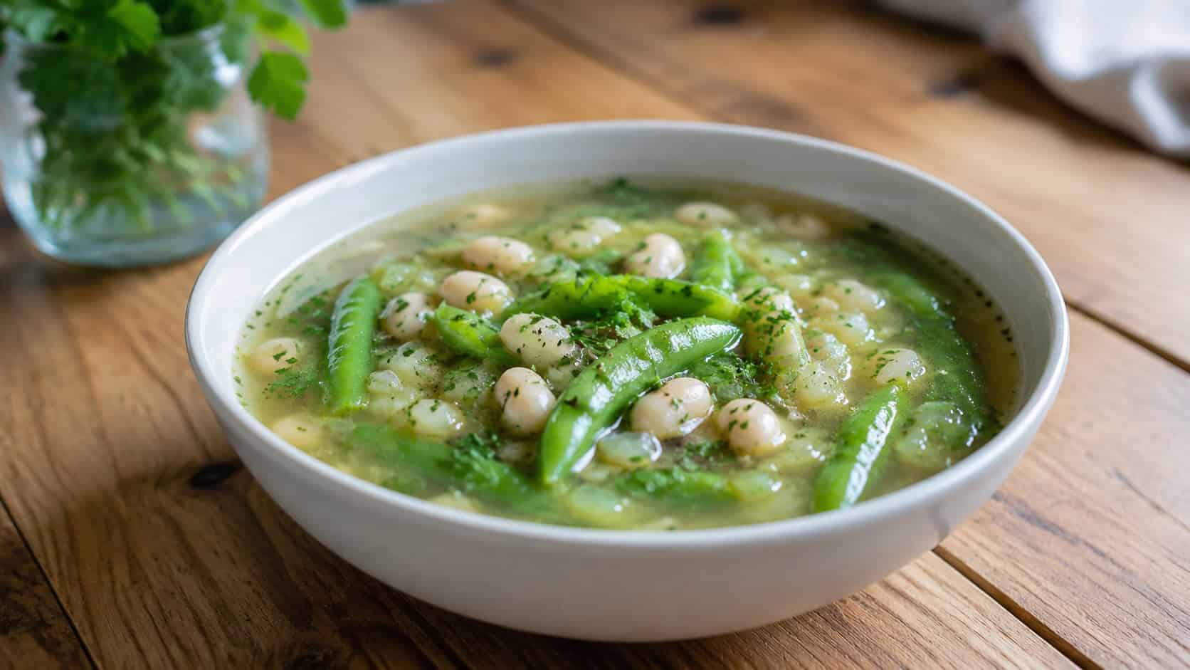 a bowl of snow pea and white bean soup in a wide horizontal shot, clear broth with bright green snow peas and creamy beans, on a fresh wooden table, bright natural light, shallow depth of field, landscape orientation