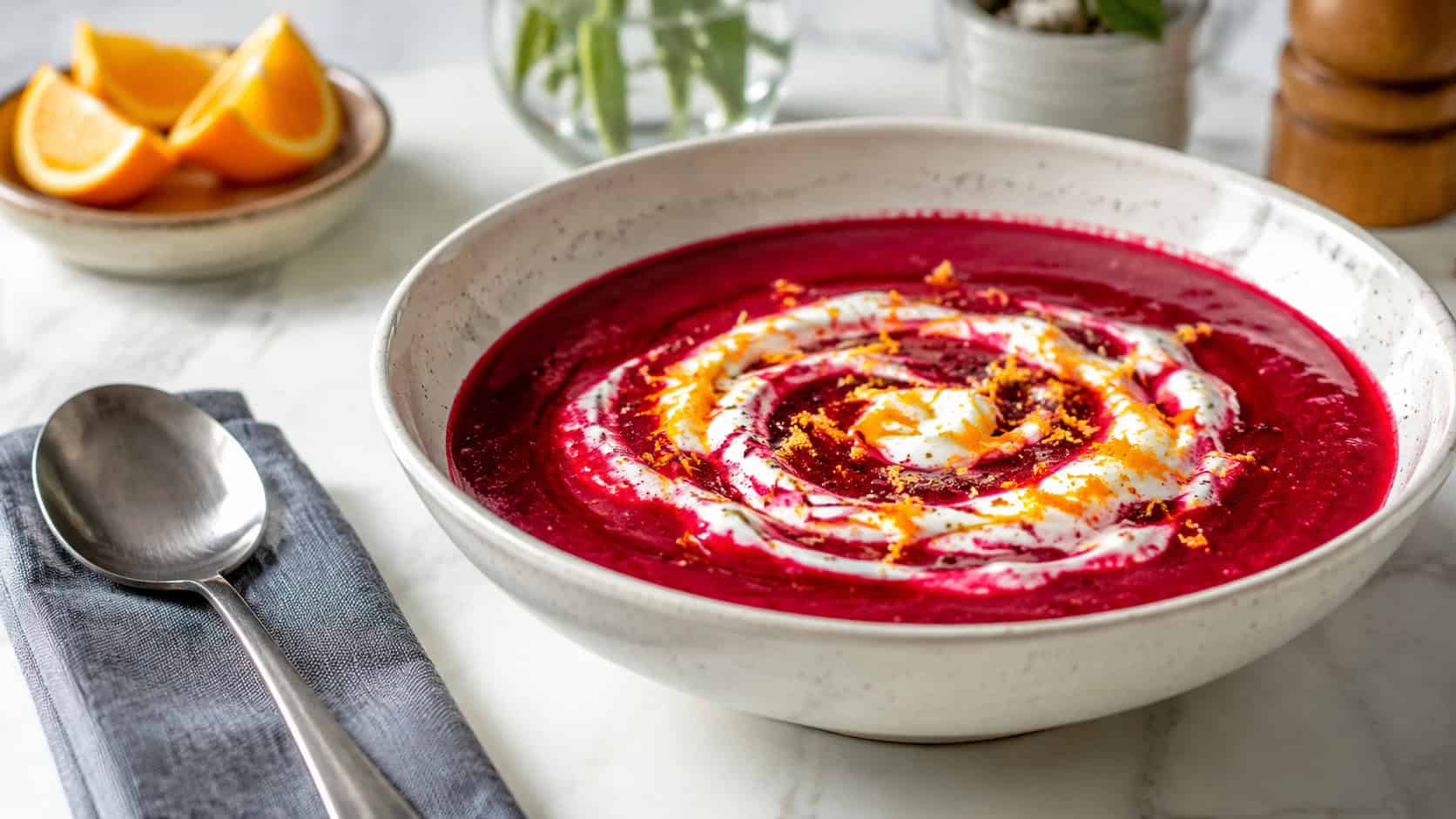 a bowl of vibrant ruby-red beet and orange soup in a wide horizontal shot, with a swirl of yogurt and orange zest, on a bright modern table, natural light, shallow depth of field, landscape orientation