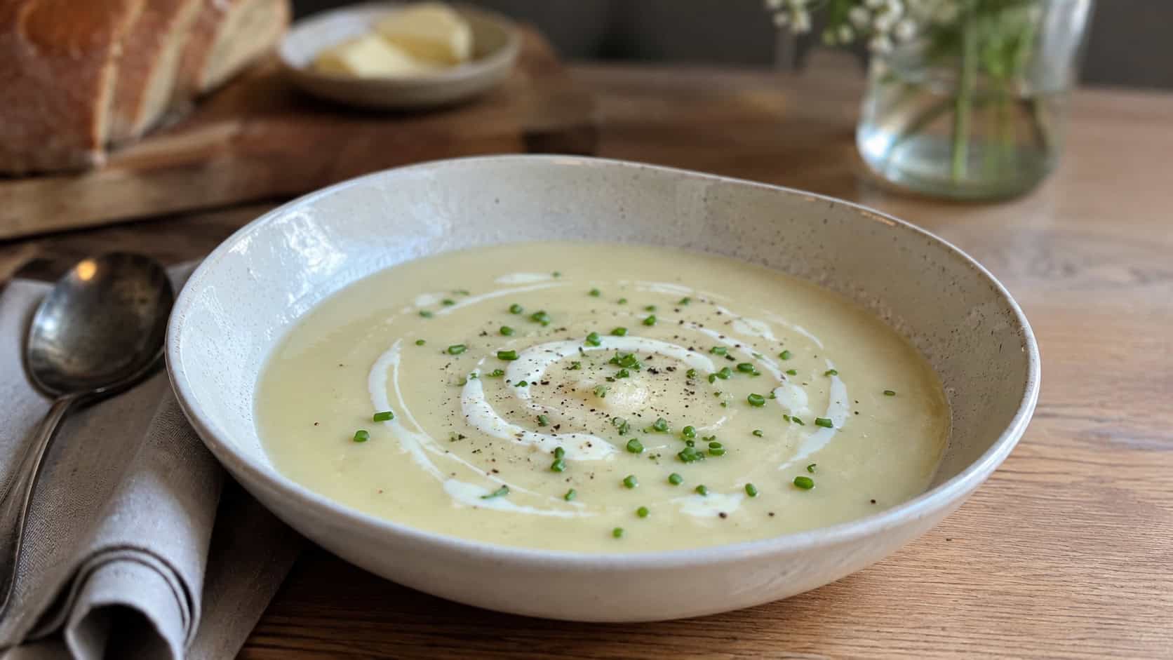 a bowl of creamy potato leek soup in a wide horizontal shot, pale and velvety with a swirl of cream and snipped chives, on a cozy wooden table, soft natural light, shallow depth of field, landscape orientation