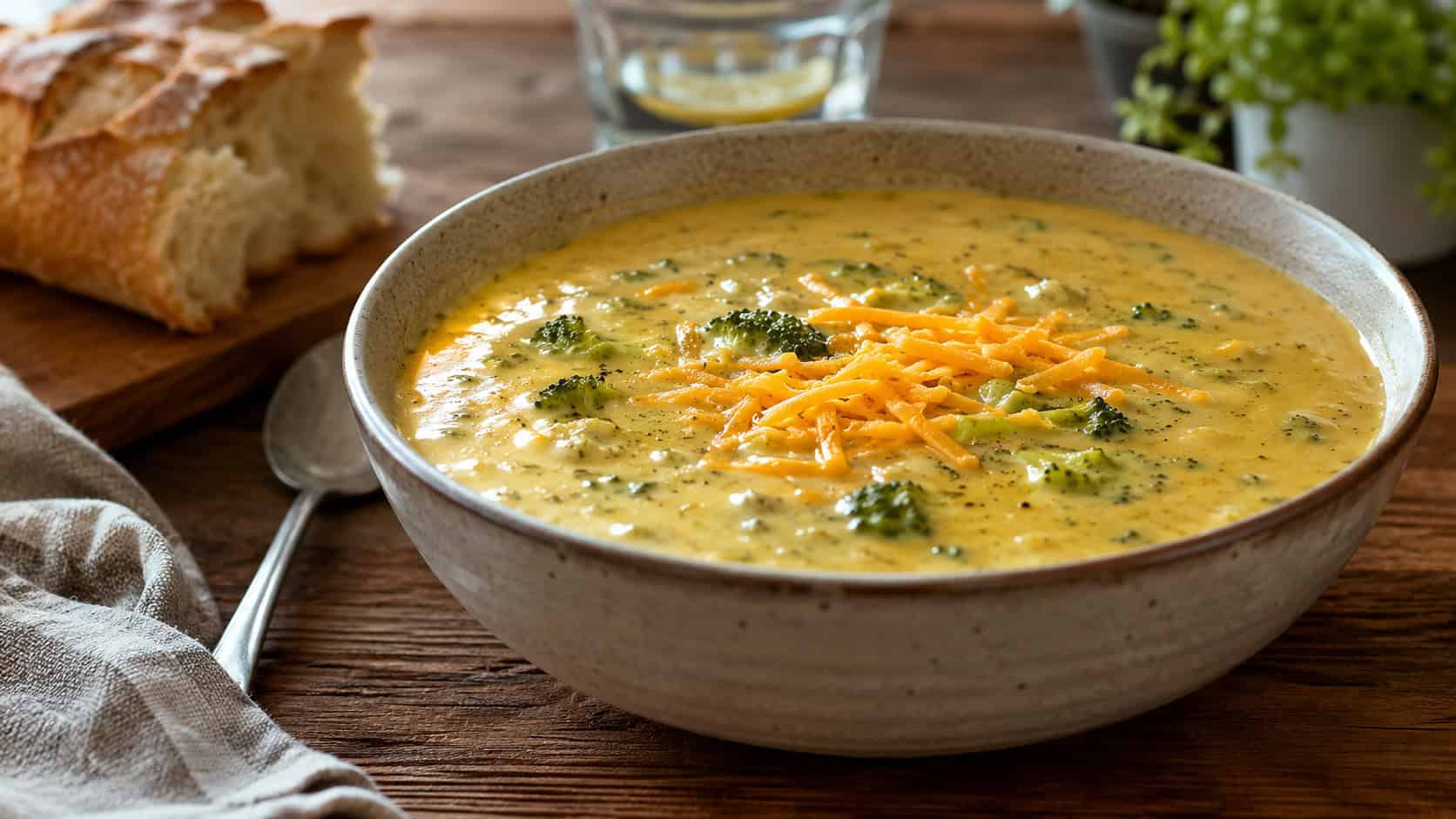a bowl of creamy broccoli cheddar soup in a wide horizontal shot, golden and flecked with green broccoli, topped with shredded cheese, on a cozy wooden table, warm natural light, shallow depth of field, landscape orientation