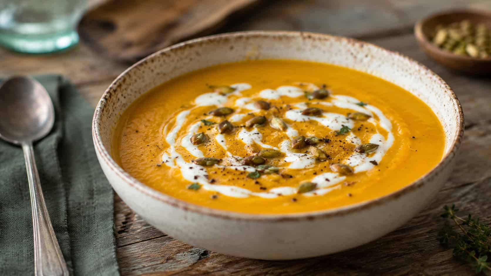 a bowl of creamy curried butternut squash soup in a wide horizontal shot, deep golden-orange with a drizzle of coconut milk and toasted seeds, on a rustic table, warm natural light, shallow depth of field, landscape orientation