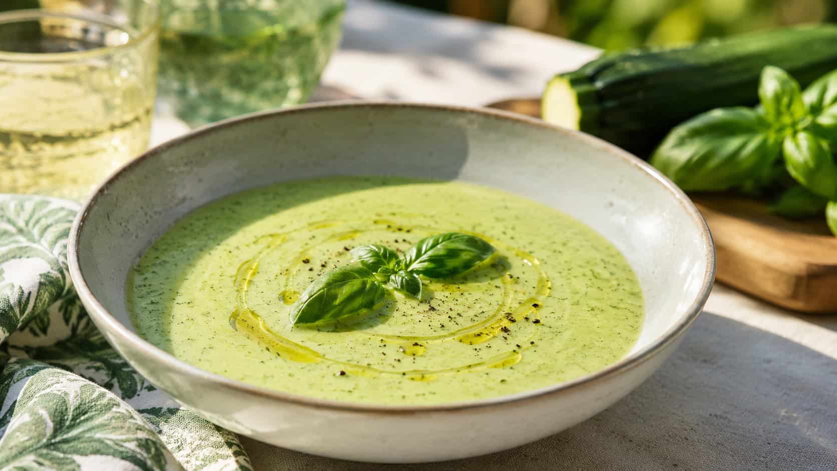 a bowl of pale green zucchini basil soup in a wide horizontal shot, garnished with fresh basil leaves and a drizzle of olive oil, on a bright summer table, sunny natural light, shallow depth of field, landscape orientation
