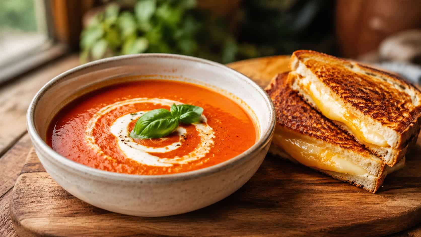 a bowl of creamy tomato basil soup in a wide horizontal shot, rich red with a swirl of cream and a basil leaf, beside a grilled cheese on a wooden board, warm natural light, shallow depth of field, landscape orientation