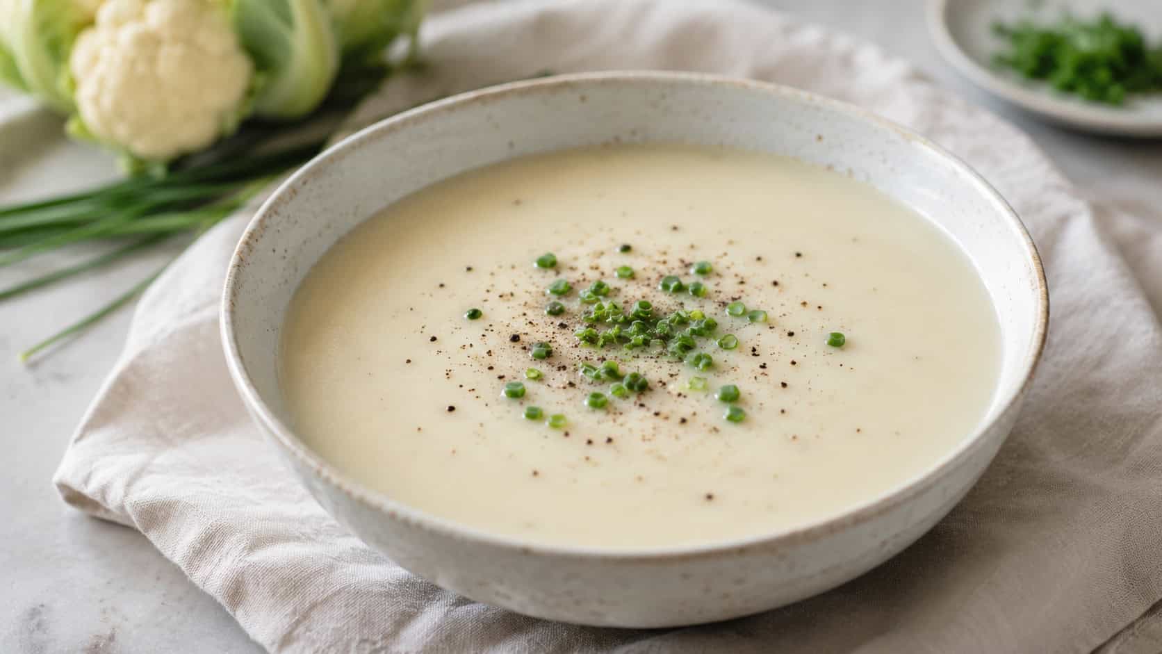 a bowl of creamy white cauliflower soup in a wide horizontal shot, smooth and pale with a sprinkle of pepper and chives, on a light linen napkin, soft natural light, shallow depth of field, landscape orientation