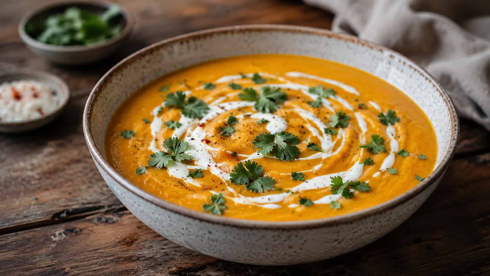a bowl of creamy orange sweet potato coconut soup in a wide horizontal shot, garnished with a coconut milk swirl and cilantro, on a rustic wooden table, warm natural light, shallow depth of field, landscape orientation