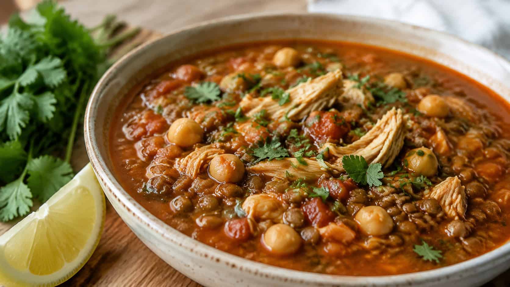 spiced Moroccan chicken lentil soup with a rich tomato broth, lentils, and chickpeas in a wide horizontal shot in a bowl, cilantro and a lemon wedge on the side, warm natural light, shallow depth of field, landscape orientation