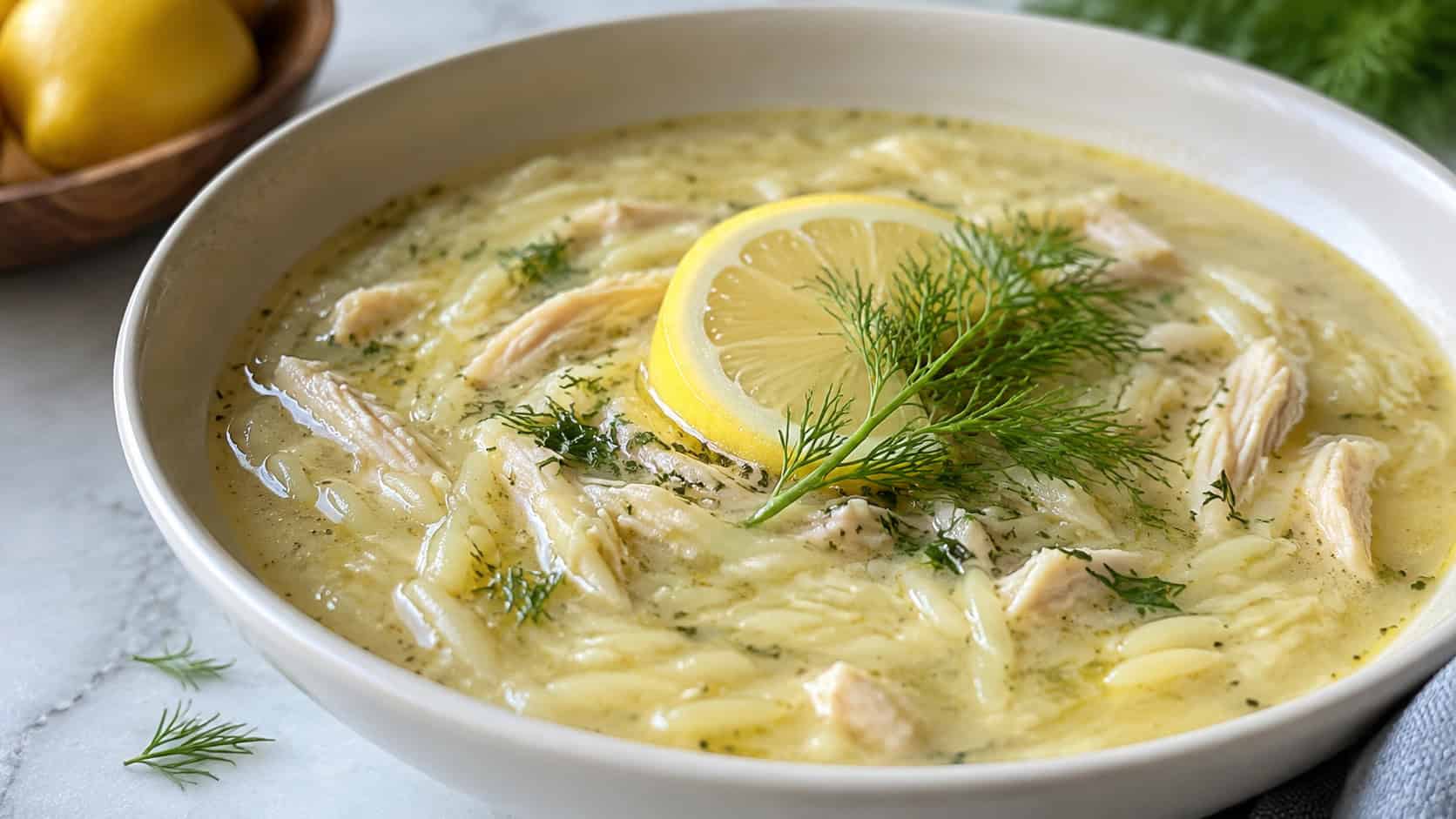silky Greek avgolemono lemon chicken soup with orzo and shredded chicken in a creamy pale broth in a wide horizontal shot in a bowl, a lemon slice and dill on top, bright natural light, shallow depth of field, landscape orientation