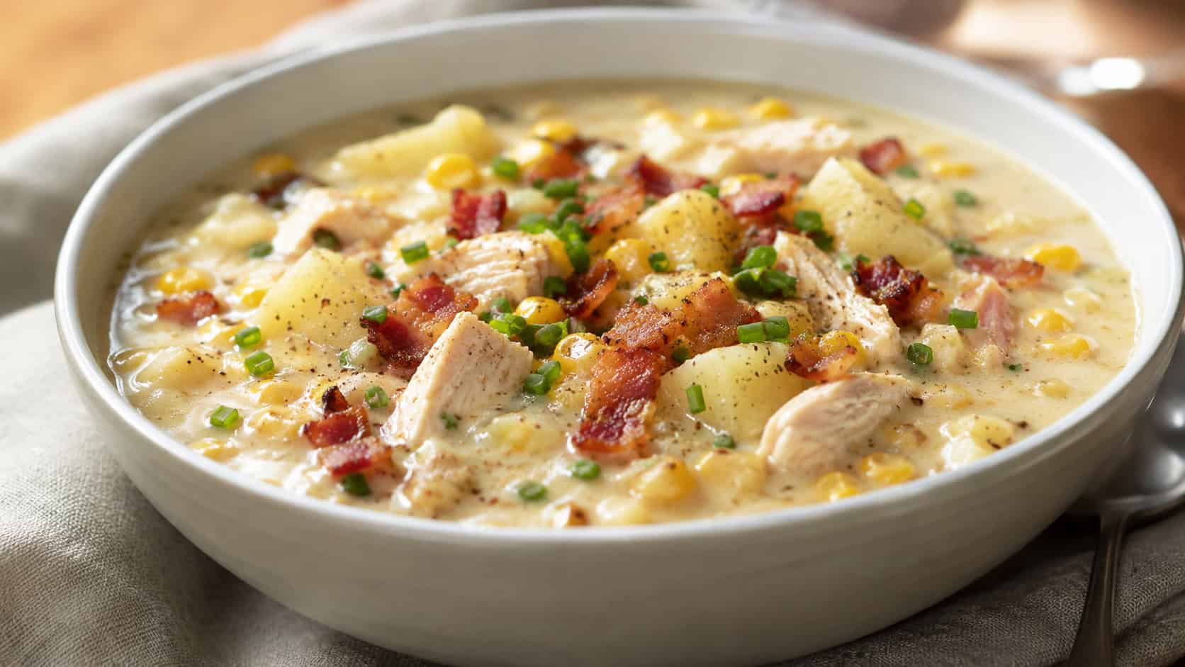creamy chicken corn chowder with golden corn, potato, and crispy bacon in a wide horizontal shot in a bowl, chives sprinkled on top, warm natural light, shallow depth of field, landscape orientation