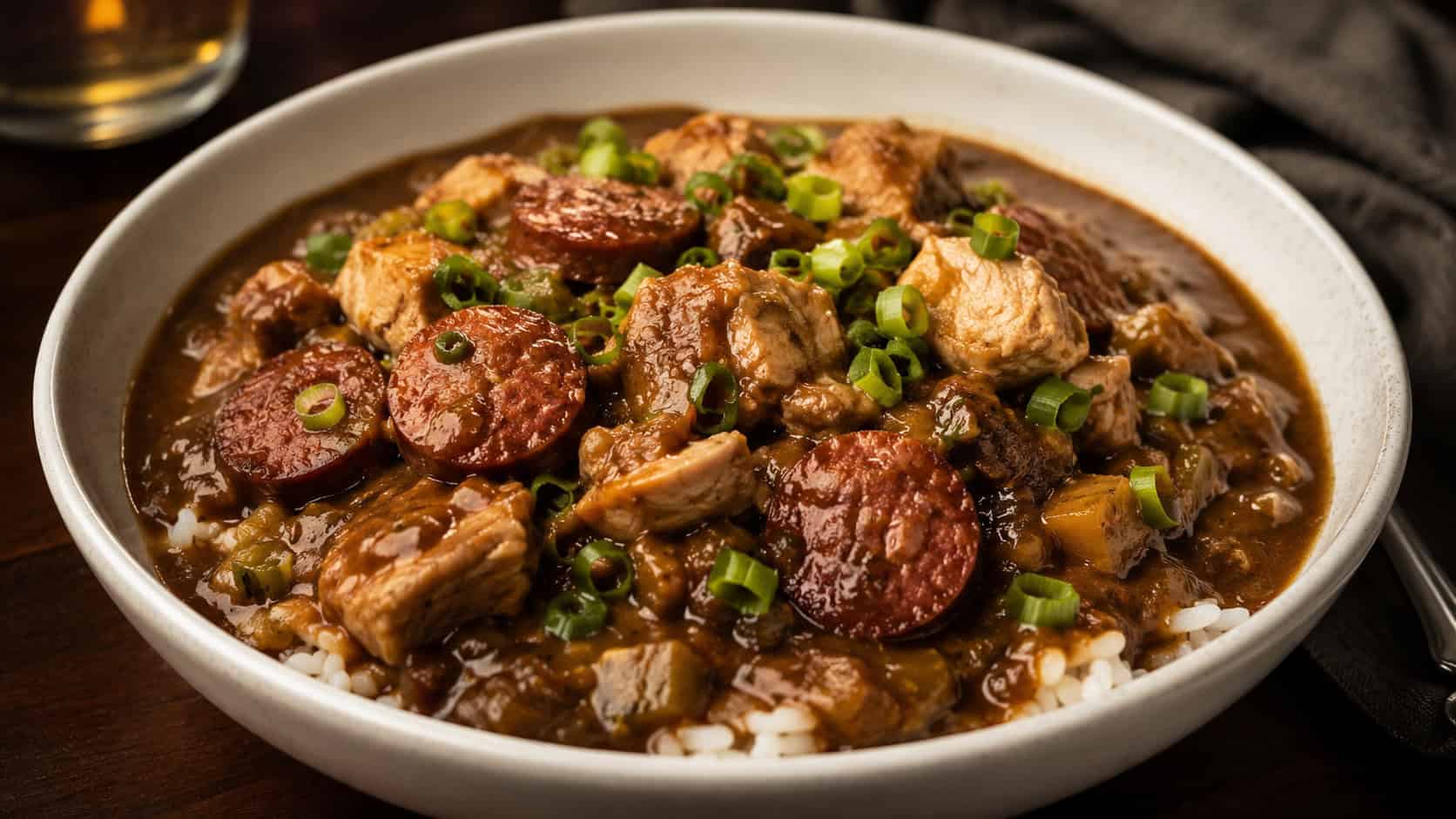rich chicken and sausage gumbo with a deep brown broth over white rice in a wide horizontal shot in a bowl, sliced sausage and green onion on top, warm moody light, shallow depth of field, landscape orientation