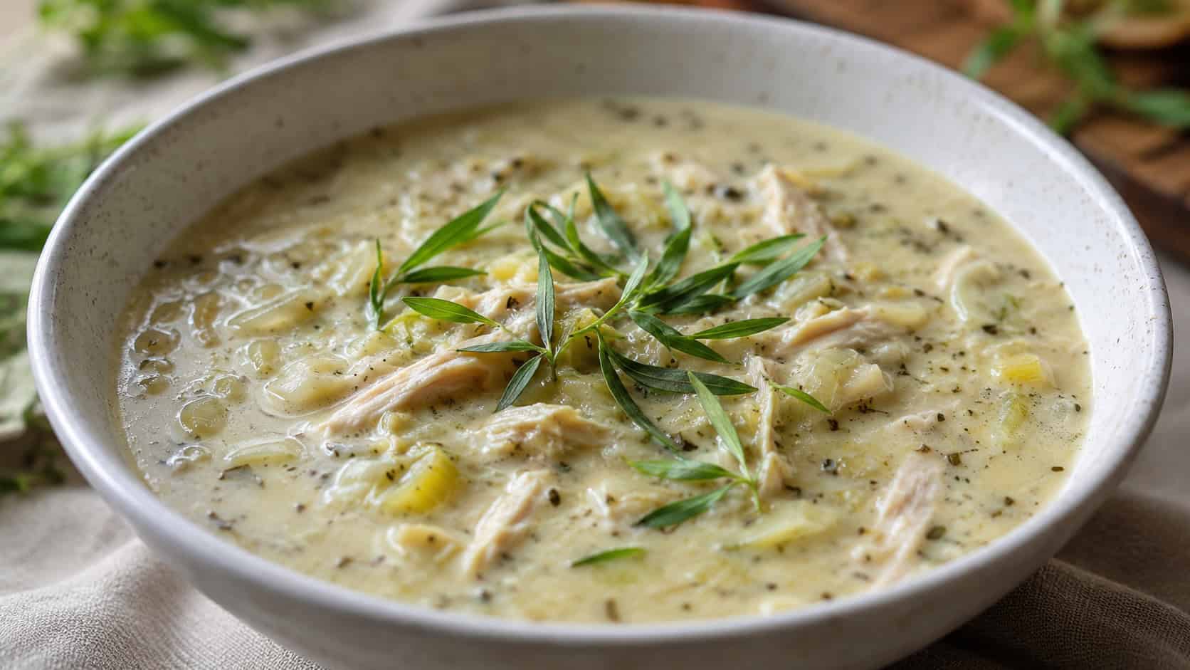 creamy French tarragon chicken soup with leeks and shredded chicken in a wide horizontal shot in a bowl, fresh tarragon leaves on top, soft natural light, shallow depth of field, landscape orientation