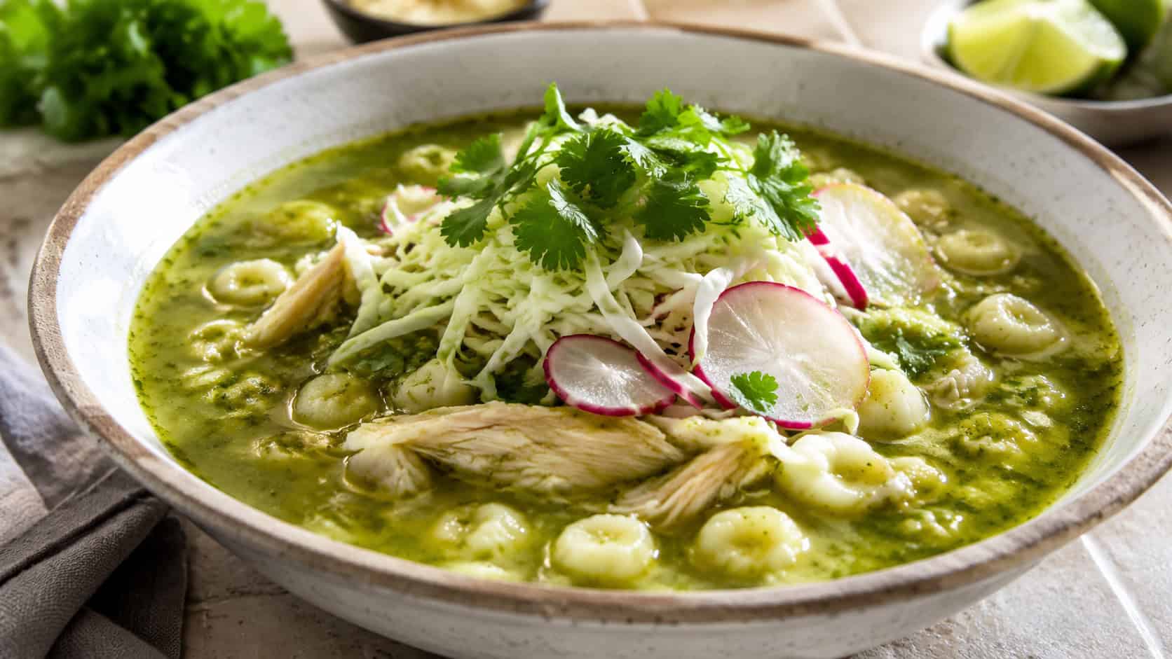 vibrant green chicken posole verde with hominy and shredded chicken in a wide horizontal shot in a bowl, topped with shredded cabbage, radish, and cilantro, bright natural light, shallow depth of field, landscape orientation