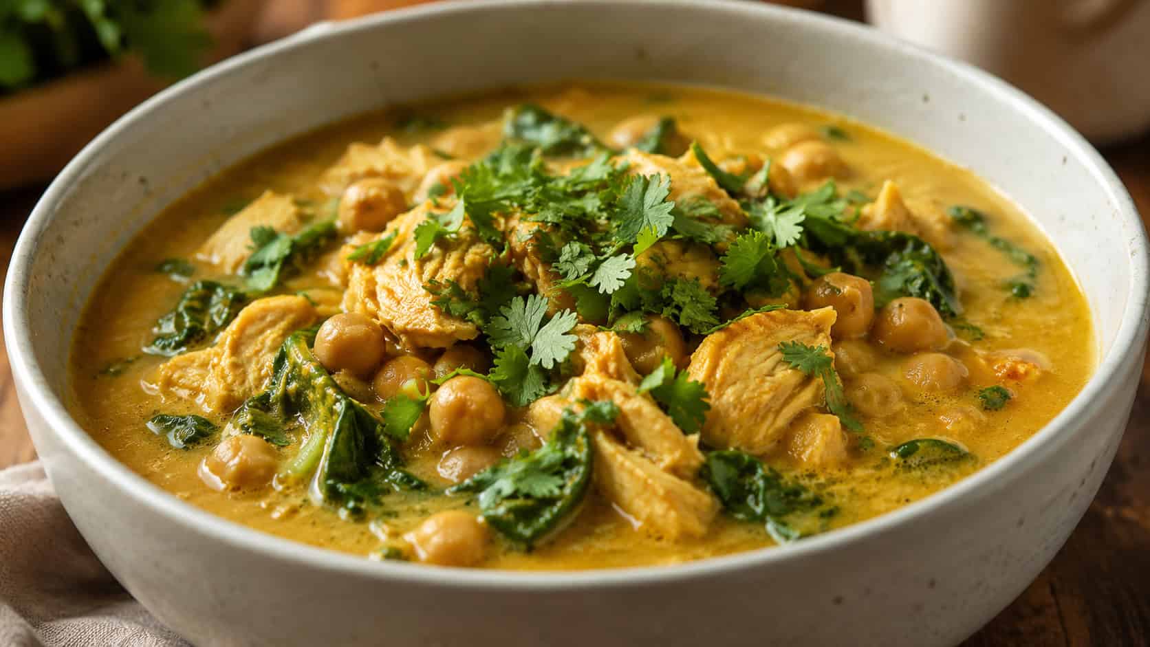 golden curried chicken and chickpea soup with a creamy coconut broth and wilted spinach in a wide horizontal shot in a bowl, cilantro on top, warm natural light, shallow depth of field, landscape orientation