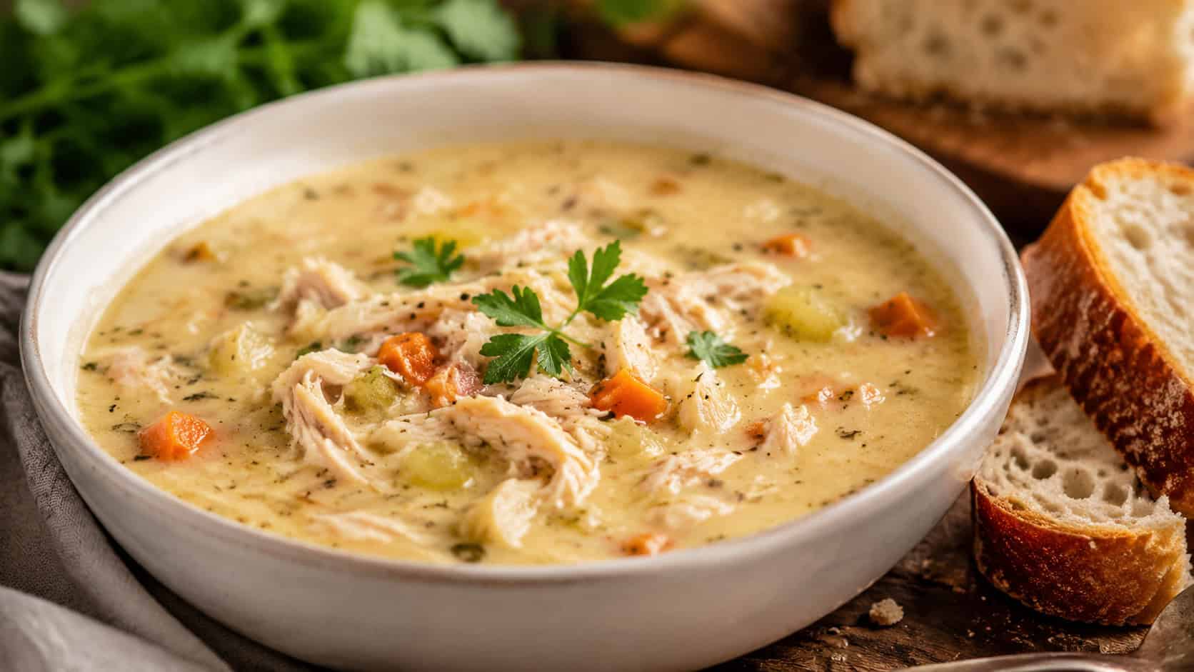 comforting roasted garlic chicken soup with a creamy broth, shredded chicken, and diced vegetables in a wide horizontal shot in a bowl, parsley on top and crusty bread beside it, warm natural light, shallow depth of field, landscape orientation