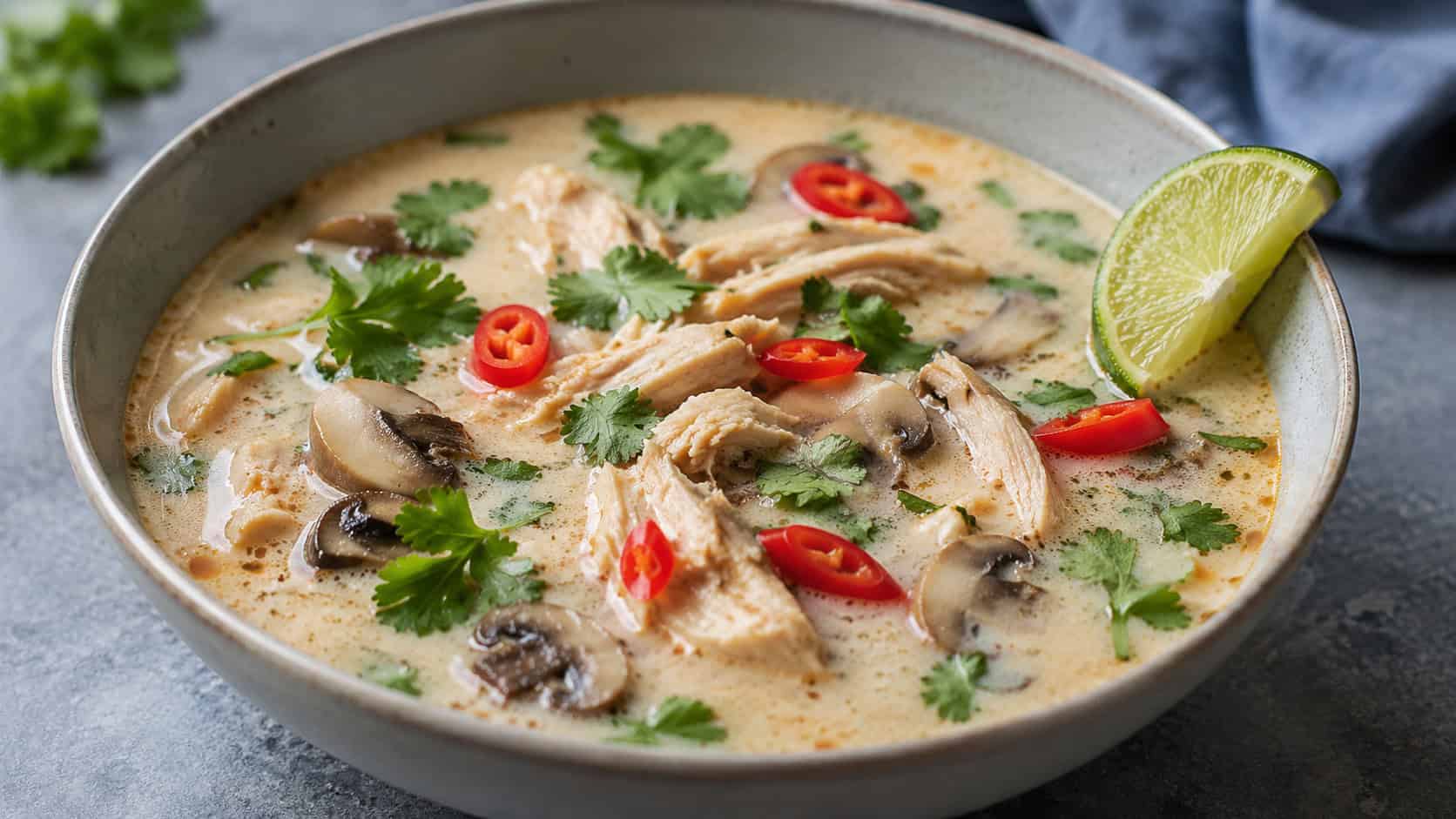 creamy Thai coconut chicken soup with mushrooms, red chili slices, and cilantro in a wide horizontal shot in a bowl, a lime wedge on the rim, soft natural light, shallow depth of field, landscape orientation