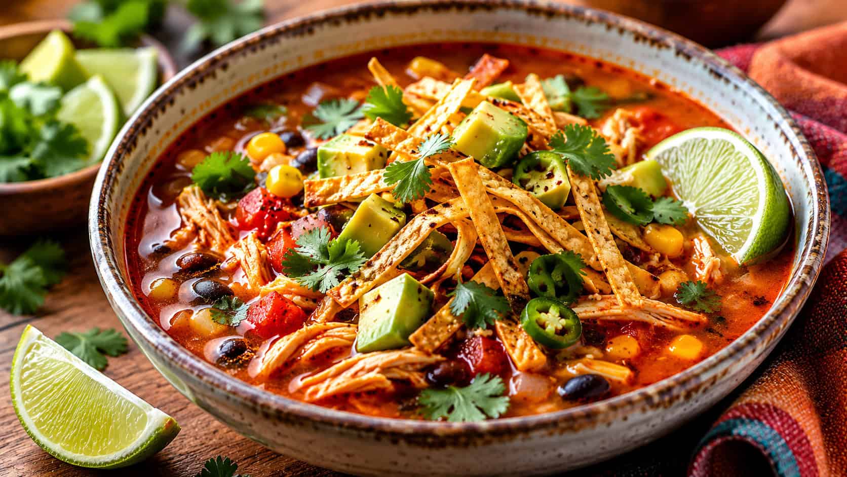 spicy chicken tortilla soup with a smoky red broth topped with crispy tortilla strips, avocado, and cilantro in a wide horizontal shot in a bowl, lime wedge on the side, warm natural light, shallow depth of field, landscape orientation