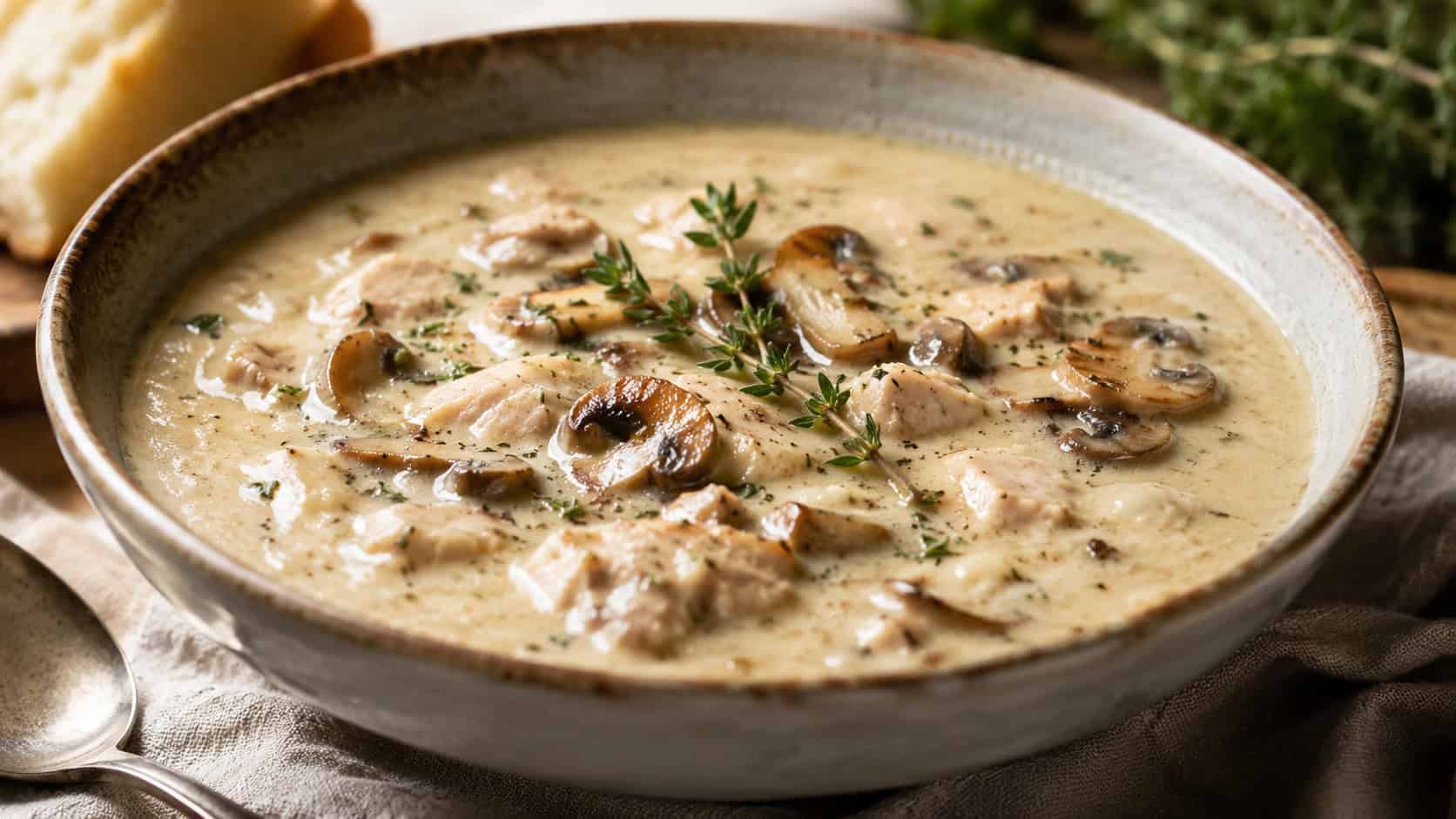 creamy chicken and mushroom soup with a velvety broth and golden sauteed mushrooms in a wide horizontal shot in a bowl, a sprinkle of thyme on top, warm natural light, shallow depth of field, landscape orientation