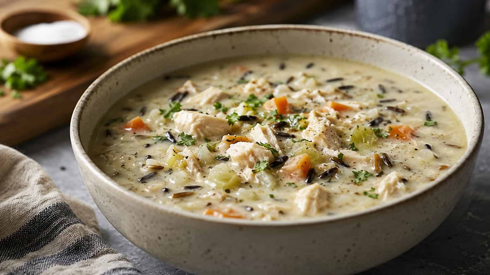 hearty chicken and wild rice soup with a creamy broth, dark rice grains, and diced vegetables in a wide horizontal shot in a stoneware bowl, parsley on top, cozy natural light, shallow depth of field, landscape orientation