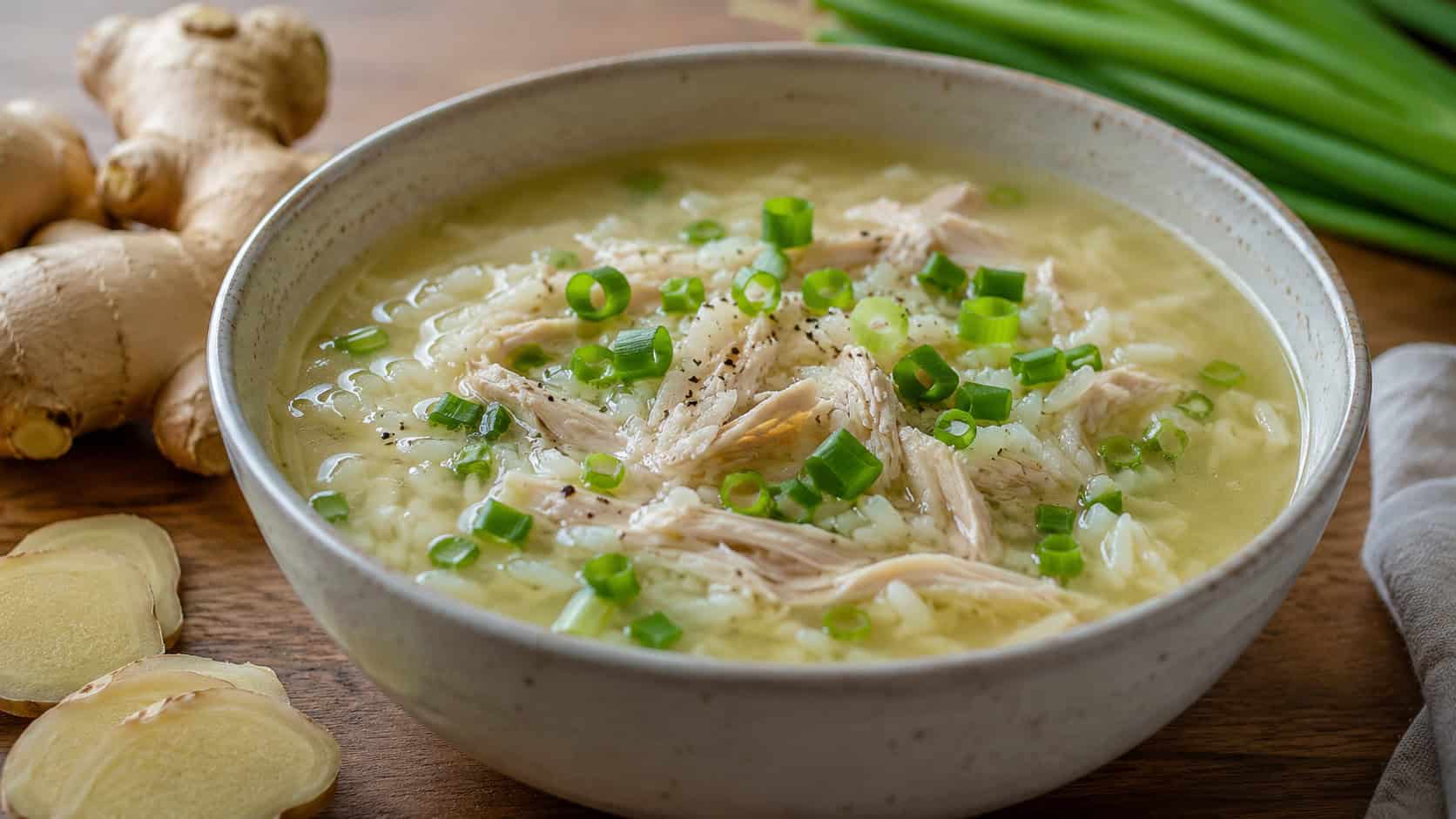 soothing ginger chicken and rice soup with a clear broth, shredded chicken, and green onions in a wide horizontal shot in a bowl, fresh ginger nearby, soft natural light, shallow depth of field, landscape orientation