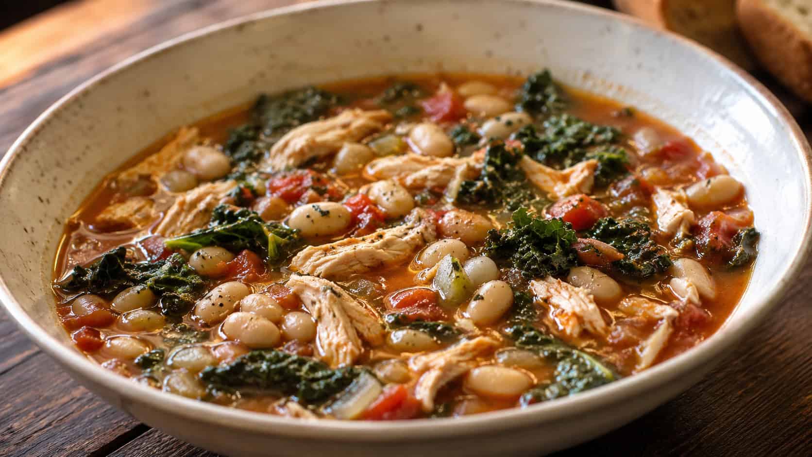 rustic Tuscan chicken and white bean soup with kale and beans in a tomato-flecked broth in a wide horizontal shot in a bowl, a drizzle of olive oil on top, warm natural light, shallow depth of field, landscape orientation
