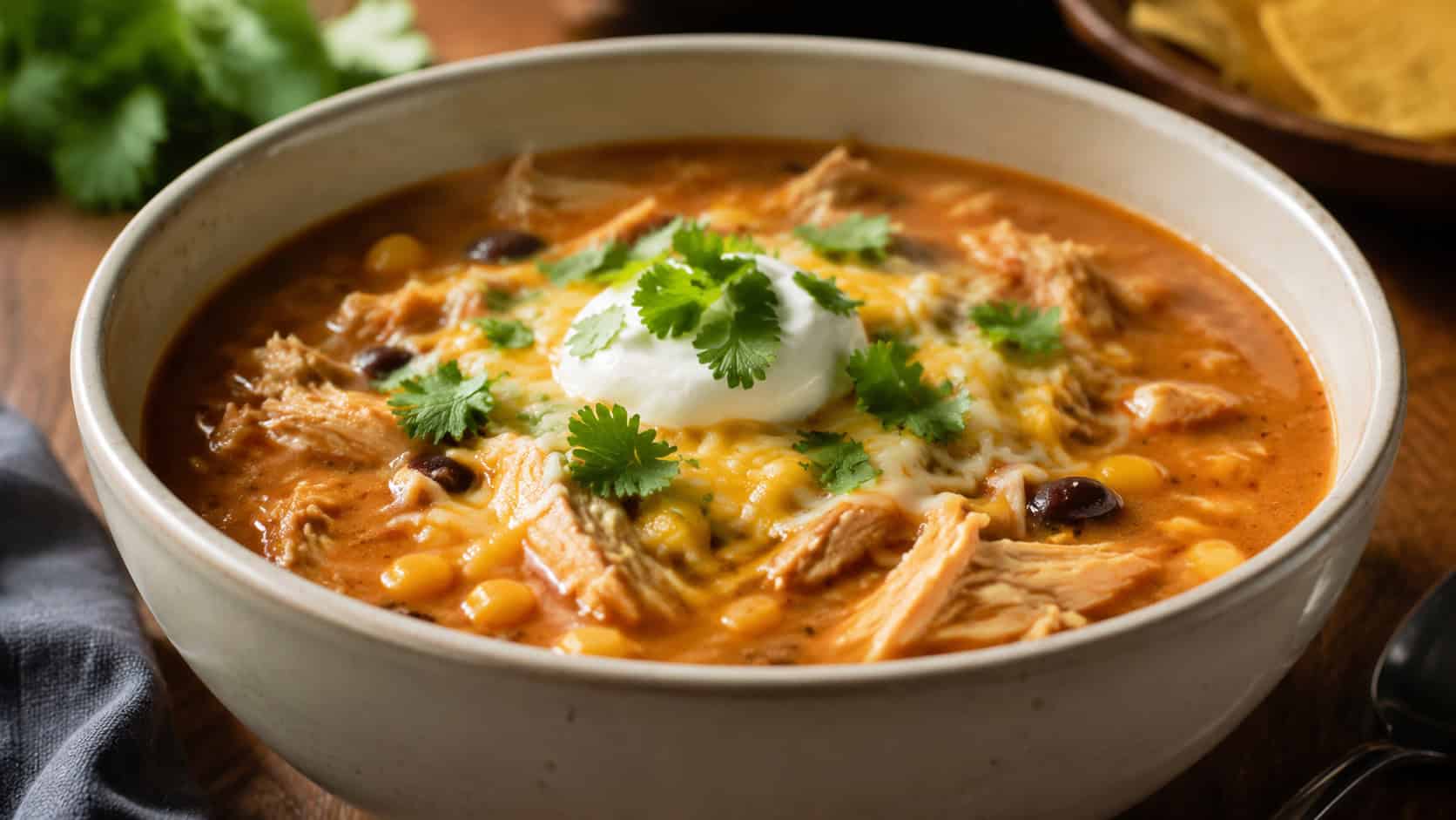 creamy chicken enchilada soup with a red broth, melted cheese, and corn in a wide horizontal shot in a bowl, topped with sour cream and cilantro, warm natural light, shallow depth of field, landscape orientation