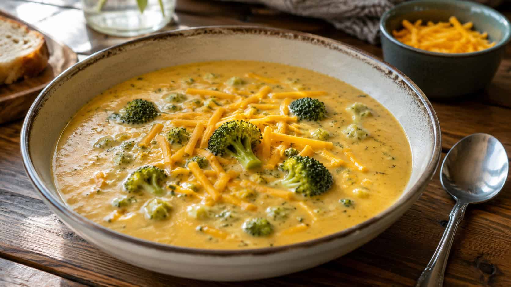 a rich broccoli cheddar soup in a wide bowl, thick and golden-orange with bright green broccoli florets and a sprinkle of shredded cheddar, on a cozy wooden table with a spoon, natural light, shallow depth of field, landscape orientation