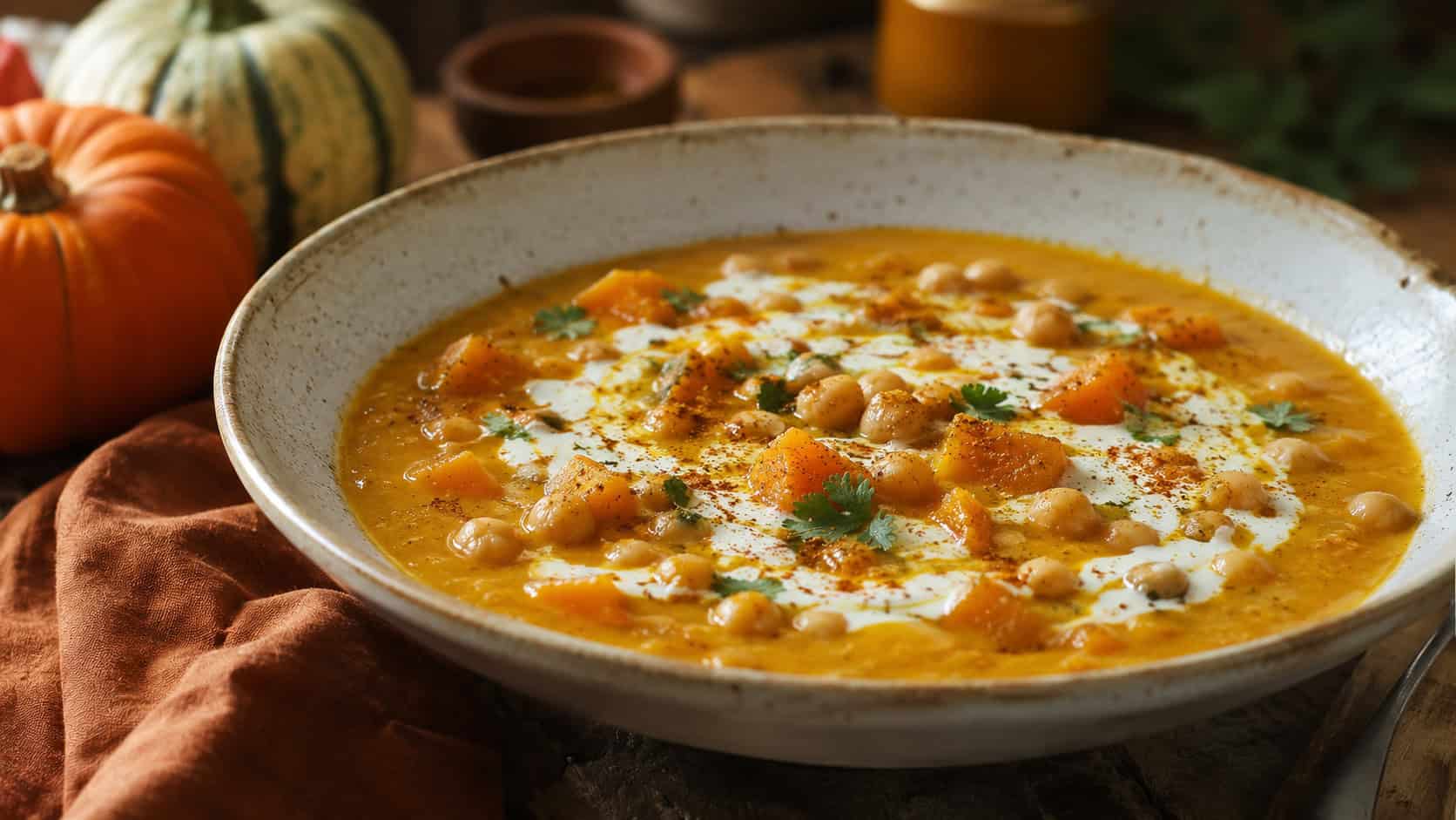 a curried pumpkin and chickpea soup in a wide bowl, warm orange broth with whole chickpeas, a swirl of coconut milk, and a dusting of curry, on a rustic autumn table, natural light, shallow depth of field, landscape orientation
